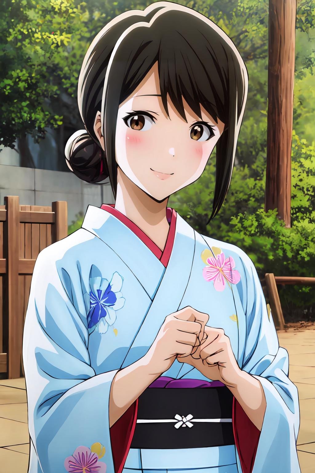 (masterpiece, best quality:1.2), highres, anime screencap, anime coloring, 1girl, solo, smile, blush, Akane_Mizuno_V1, black hair, brown hair, short hair, hair bun, single hair bun, sidelocks, hair up, brown eyes, japanese clothes, white kimono, yukata, floral print, obi, sash, facing viewer, outdoors, <lora:add_detail_CyberAlchemist:0.4>, <lora:GoodHands-beta2:0.8>, <lora:AkaneMizunoV1-000010:0.9>