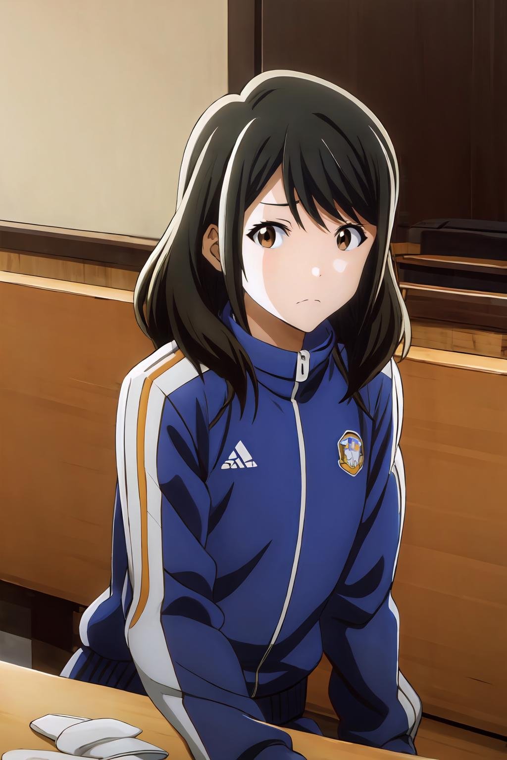 (masterpiece, best quality:1.2), highres, anime screencap, anime coloring, 1girl, solo, frown, Akane_Mizuno_V1, black hair, brown hair, medium hair, bangs, brown eyes, blue jacket, track jacket, blue pants, track pants, sneakers, sitting, indoors, restaurant, table, facing viewer, upper body, <lora:add_detail_CyberAlchemist:0.4>, <lora:GoodHands-beta2:0.8>, <lora:AkaneMizunoV1-000010:0.9>