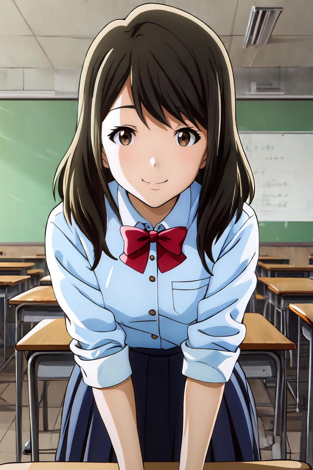 (masterpiece, best quality:1.2), highres, anime screencap, anime coloring, 1girl, solo, smile, Akane_Mizuno_V1, black hair, brown hair, medium hair, bangs, brown eyes, school uniform, white shirt, collared shirt, sleeves rolled up, red bow, blue skirt, pleated skirt, white socks, black loafers, indoors, school, classroom, looking at viewer, facing viewer, <lora:add_detail_CyberAlchemist:0.4>, <lora:GoodHands-beta2:0.8>, <lora:AkaneMizunoV1-000010:0.9>