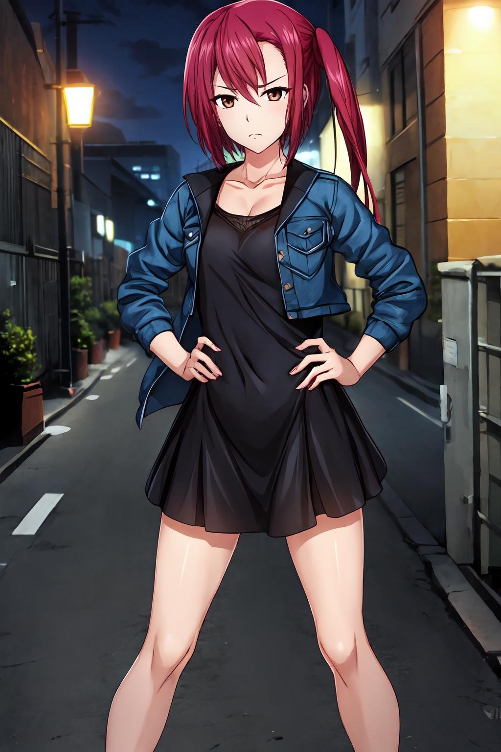 (masterpiece, best quality:1.2), highres, 4k, 8k, 1girl, solo, frown, Kirika_Hosho_V1, red hair, long hair, side ponytail, hair between eyes, bangs, brown eyes, collarbone, black dress, short dress, blue jacket, denim jacket, cropped jacket, open jacket, standing and spread legs, hand on hip, outdoors, street, <lora:add_detail_CyberAlchemist:0.4>, <lora:GoodHands-beta2:0.8>, <lora:KirikaHoshoV1-000010:0.8>