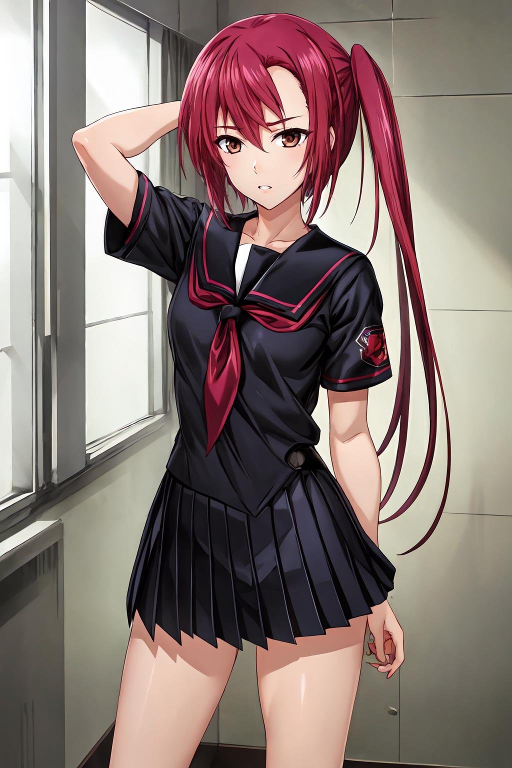 (masterpiece, best quality:1.2), highres, 4k, 8k, 1girl, solo, Kirika_Hosho_V1, red hair, long hair, side ponytail, hair between eyes, bangs, brown eyes, school uniform, serafuku, black shirt, short sleeves, red neckerchief, black skirt, pleated skirt, white socks, standing, <lora:add_detail_CyberAlchemist:0.4>, <lora:GoodHands-beta2:0.8>, <lora:KirikaHoshoV1-000010:0.8>