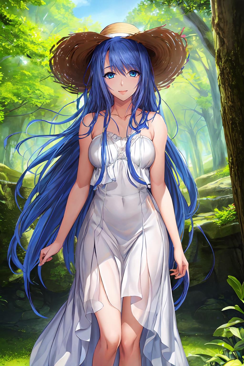 (masterpiece, best quality:1.2), extremely detailed CG unity 8k wallpaper, official art, 1girl, solo, smile, Ellis_Xillia_V1, blue hair, long hair, very long hair, bangs, blue eyes, white hairband, bare neck, collarbone, white dress, bare shoulders, straw hat, standing, outdoors, forest, <lora:add_detail_CyberAlchemist:0.4>, <lora:GoodHands-beta2:0.8>, <lora:EllisXilliaV1-000010:0.8>