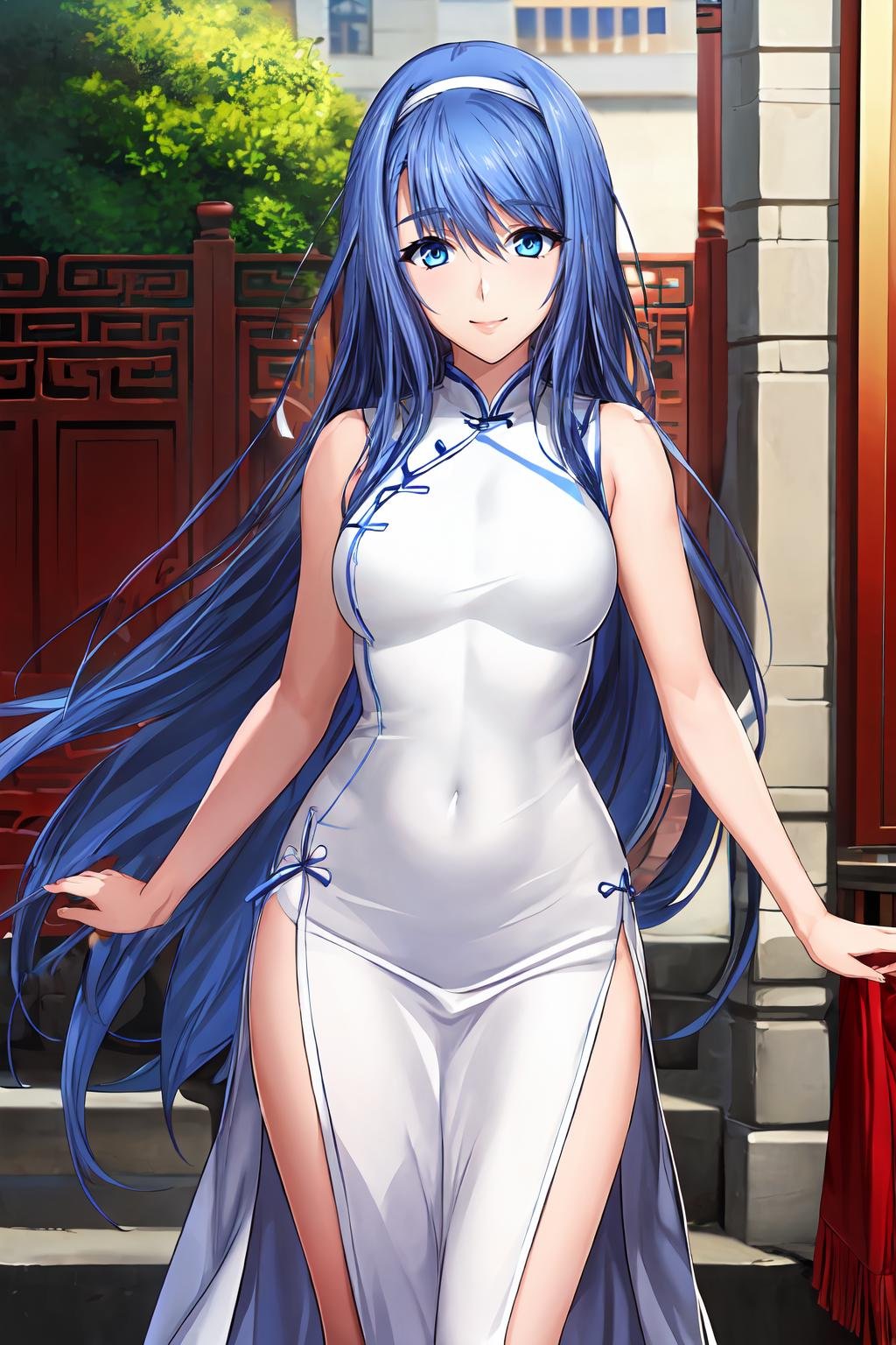 (masterpiece, best quality:1.2), extremely detailed CG unity 8k wallpaper, official art, 1girl, solo, smile,Ellis_Xillia_V1, blue hair, long hair, very long hair, bangs, blue eyes, white hairband, chinese clothes, china dress, (white dress:1.2), sleeveless, side slit, standing,outdoors, <lora:add_detail_CyberAlchemist:0.4>, <lora:GoodHands-beta2:0.8>, <lora:EllisXilliaV1-000010:0.8>