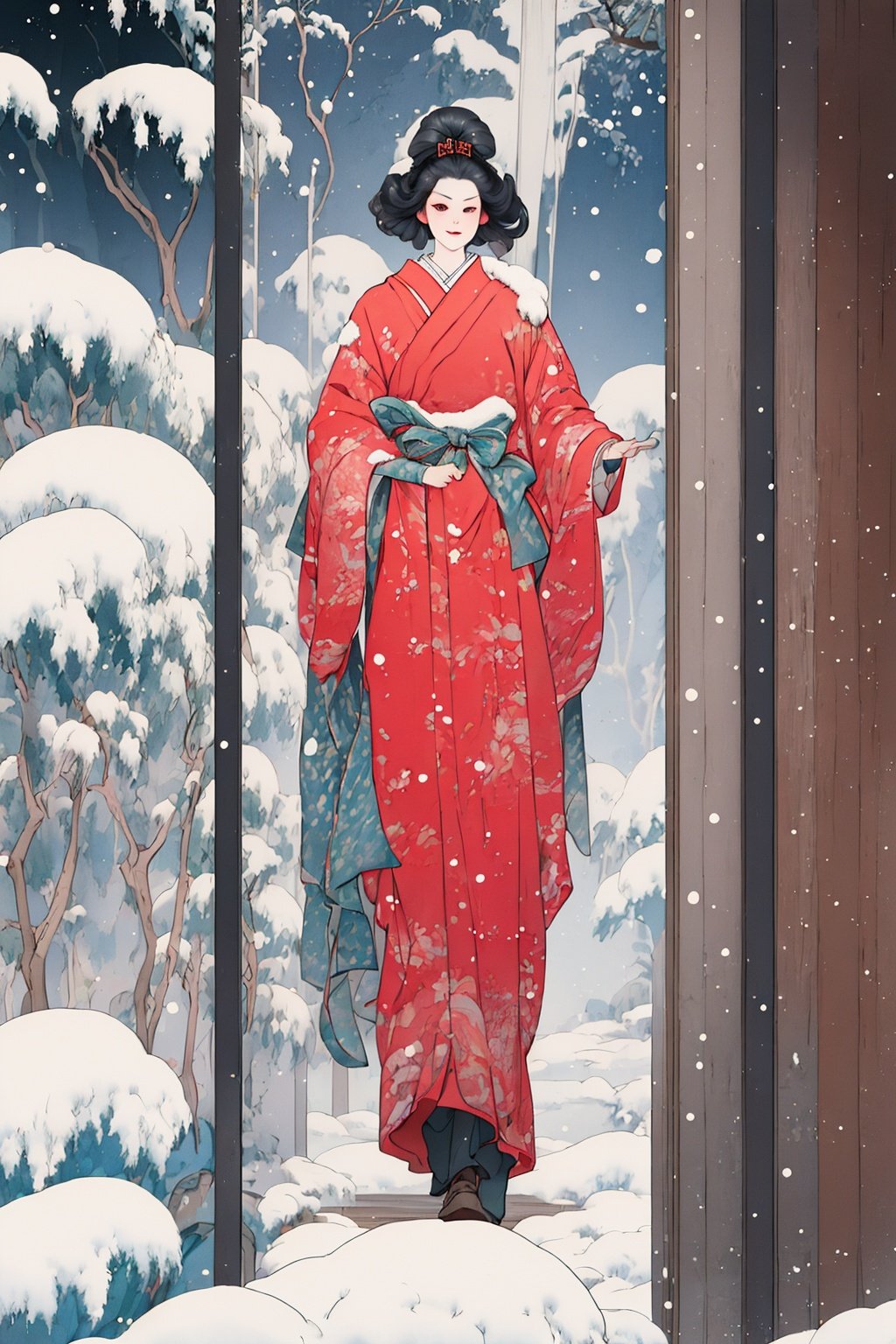 masterpiece,best quality,8K,<lora:fushihui-000012:0.8>,fushihui,Ukiyoe,1girl, Cinematic still, Scottish Kadiatou, very Unconventional, Walking towards camera, Kadiatou has Pompadour hair, Snowy, Bokeh, 80mm, (stylized by Wendy Froud:1.1) , Goro Fujita