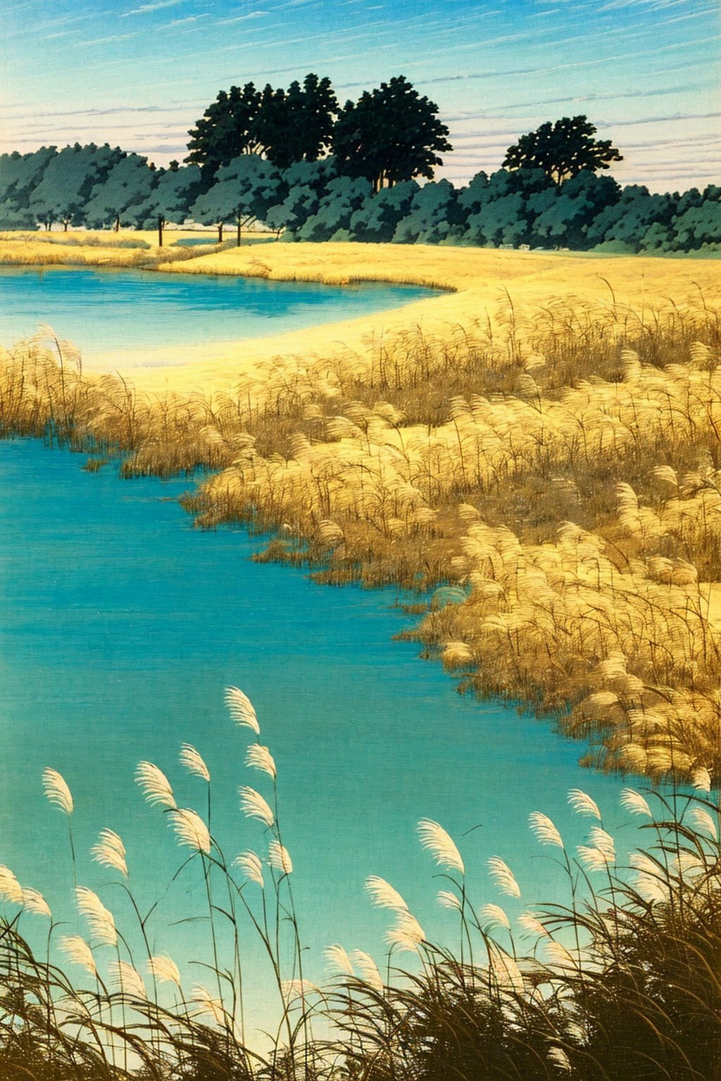 masterpiece,best quality,1DG,8K,<lora:fushihui-000012:0.8>,fushihui, outdoors, no humans, sky, scenery, cloud, tree, grass, water, day, traditional media, nature, blue sky, river, lake, plant, Ukiyoe