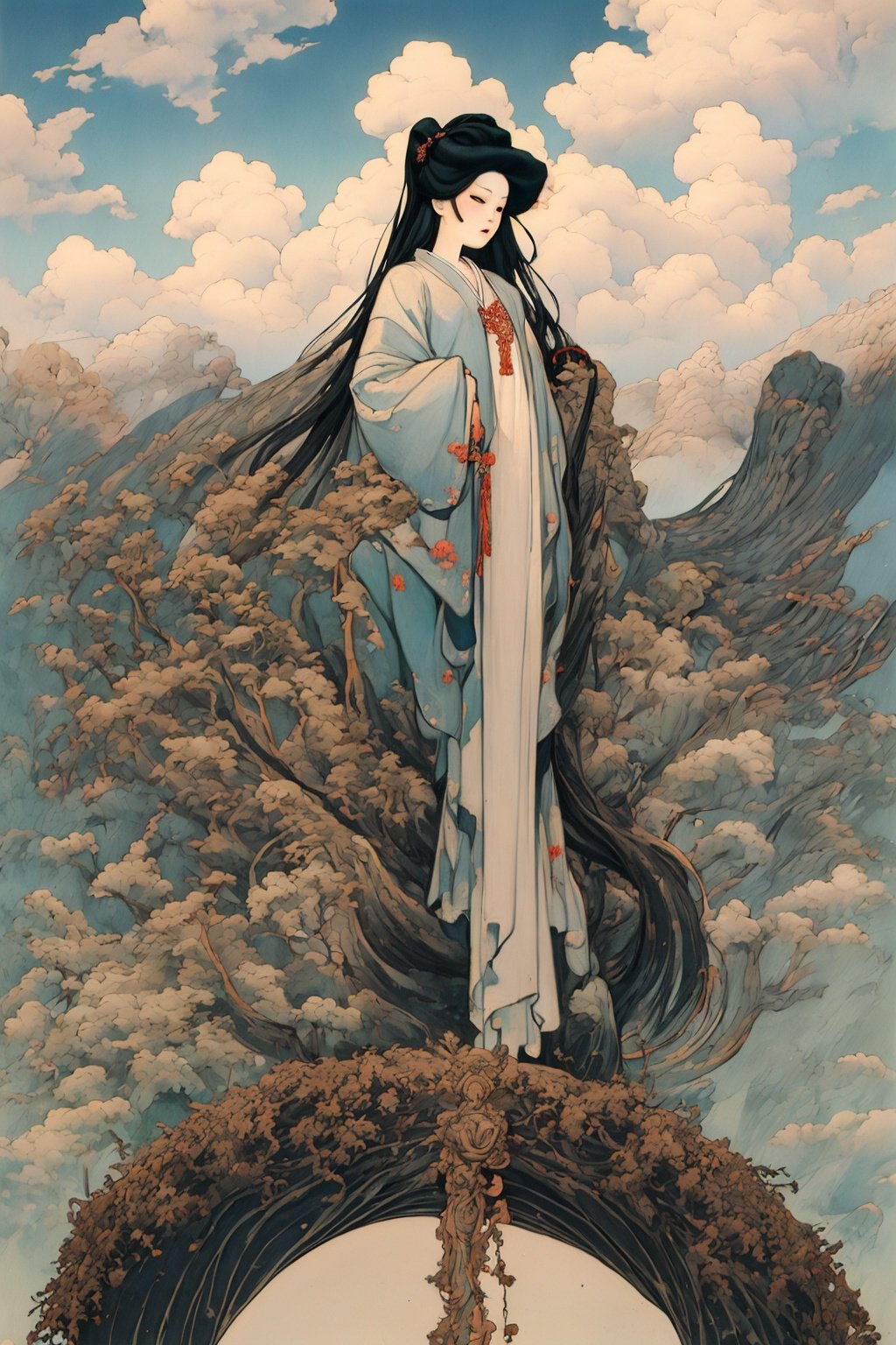 masterpiece,best quality,8K,<lora:fushihui-000012:0.8>,fushihui,Ukiyoe,1girl, (surrealism art designed by Tran Nguyen:1.3) , Concept art, Weird Cloud Strife, Cloud Strife is wearing Welsh T-shirt, Detailed background, Light and shadow plays, 4K