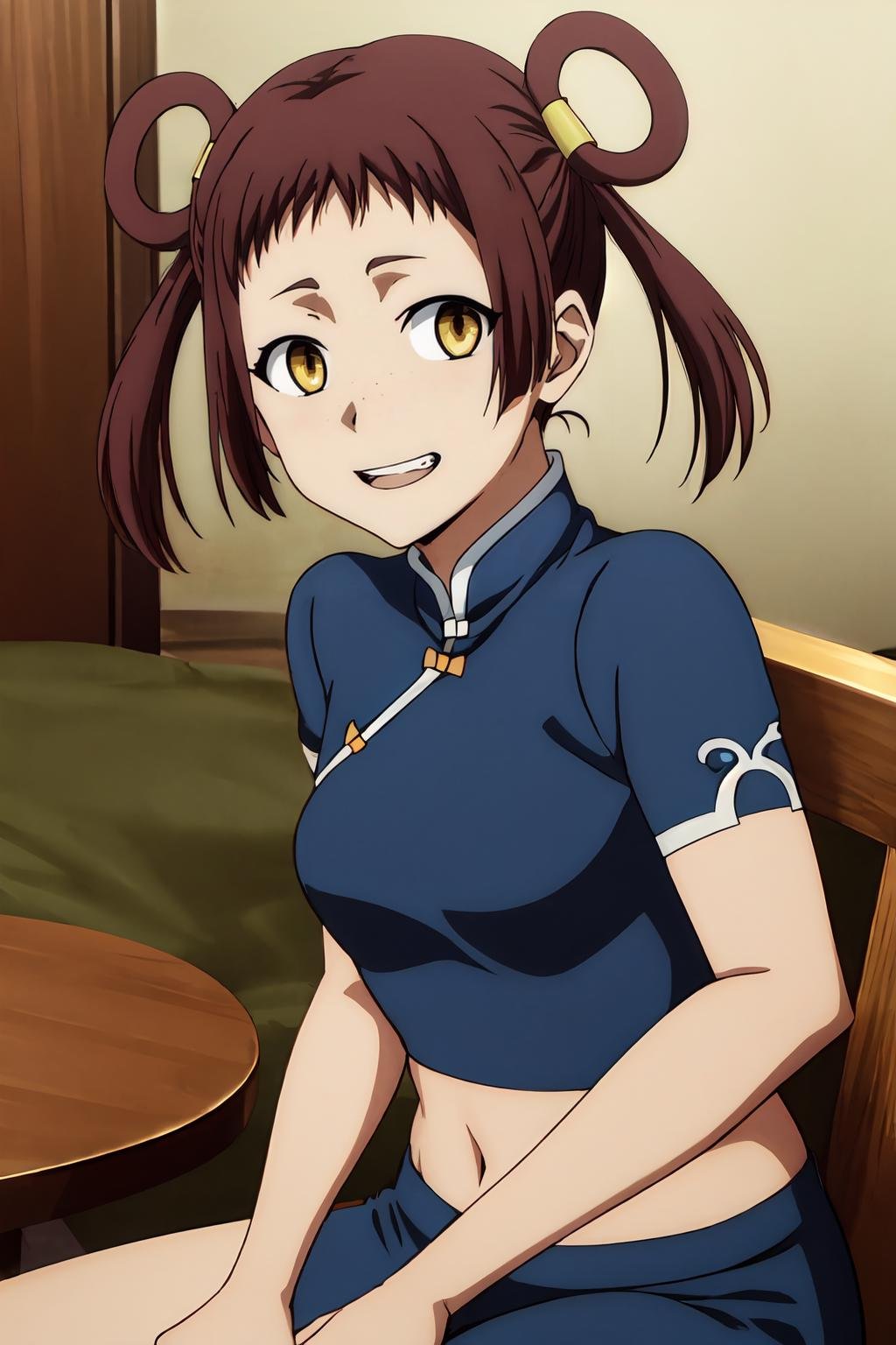 (masterpiece, best quality:1.2), highres, anime screencap, anime coloring, 1girl, solo, grin, open mouth, YunYun_V1, brown hair, short hair, short twintails, hair rings, bangs, (freckles:0.4), hair ornament, yellow eyes, chinese clothes, blue shirt, short sleeves, midriff, nave, blue pants, sitting on chair, looking at viewer, <lora:add_detail_CyberAlchemist:0.4>, <lora:GoodHands-beta2:0.8>, <lora:YunYunV1-000009:1>