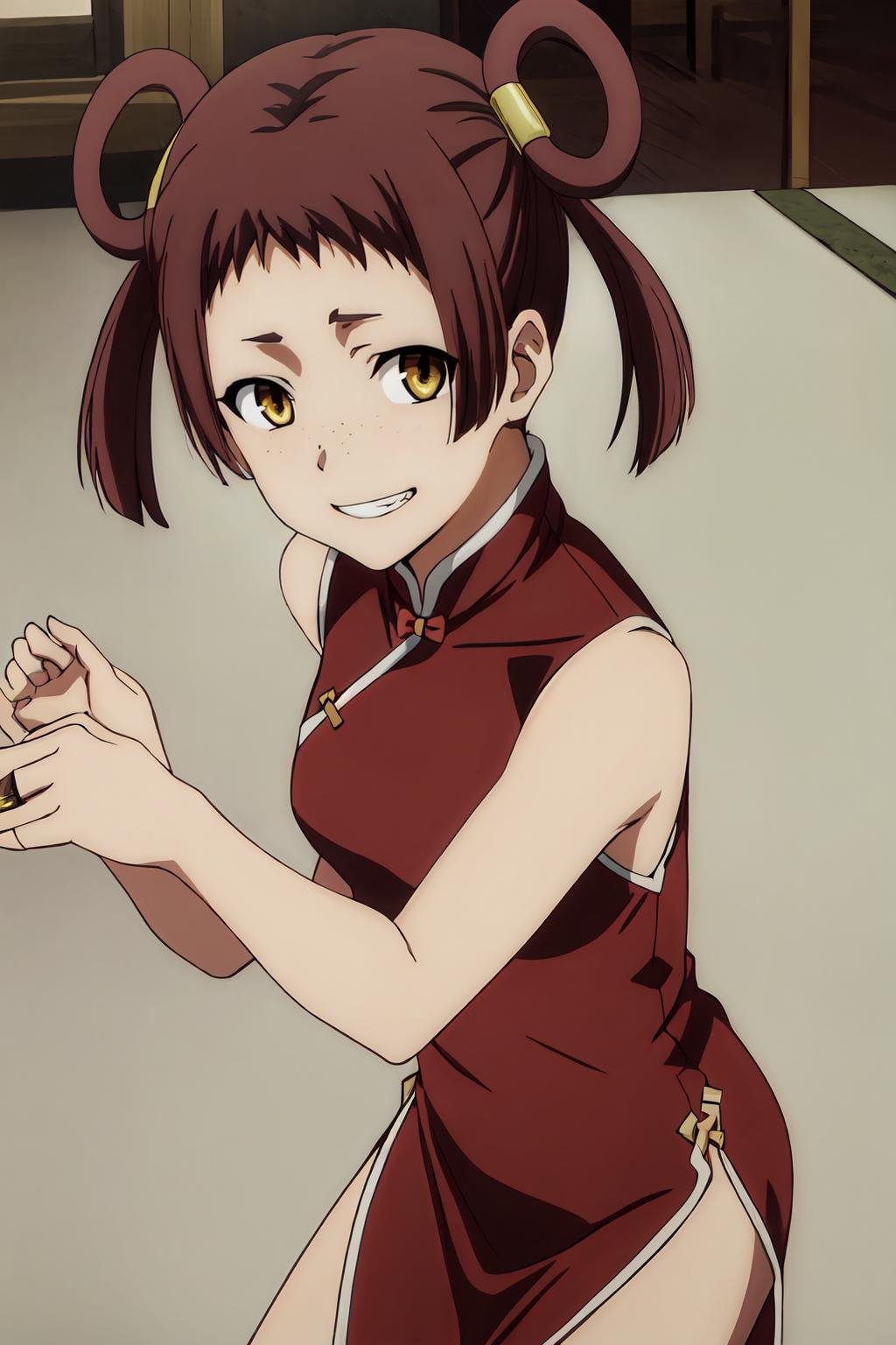 (masterpiece, best quality:1.2), highres, anime screencap, anime coloring, 1girl, solo, grin, YunYun_V1, brown hair, short hair, short twintails, hair rings, bangs, (freckles:0.4), hair ornament, yellow eyes, chinese clothes, chine dress, red dress, sleeveless, looking at viewer, <lora:add_detail_CyberAlchemist:0.4>, <lora:GoodHands-beta2:0.8>, <lora:YunYunV1-000009:1>