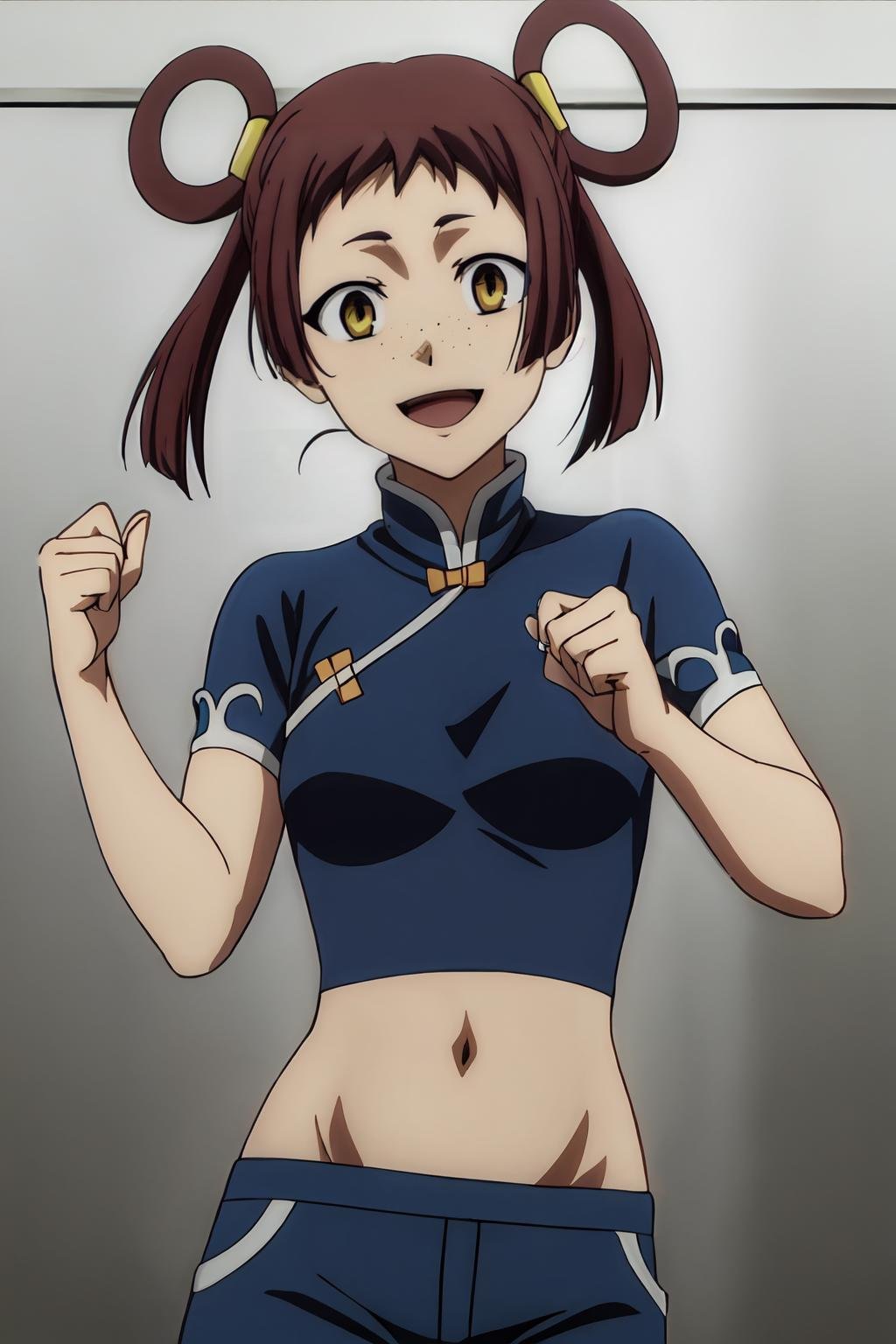 (masterpiece, best quality:1.2), highres, anime screencap, anime coloring, 1girl, solo, smile, open mouth, YunYun_V2, bangs, (freckles:0.8), chinese clothes, blue shirt, short sleeves, midriff, navel, blue pants, <lora:add_detail_CyberAlchemist:0.4>, <lora:GoodHands-beta2:0.8>, <lora:YunYunV2-000009:0.9>, 