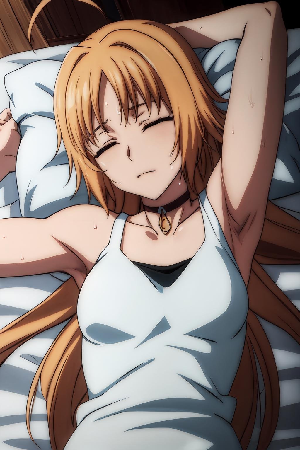 (masterpiece, best quality:1.2), highres, anime screencap, anime coloring, 1girl, solo, closed eyes, sleeping, head tilt, sweat, Maria_Osawa_V1, blonde hair, very long hair, long hair, ahoge, bangs, brown eyes, choker, medium breasts, white shirt, tank top, collarbone, bare shoulders, sleeveless, lying on bed, on back, head on pillow, armpits, arm up, indoors, bed, bed sheet, pillow, upper body, <lora:add_detail_CyberAlchemist:0.4>, <lora:GoodHands-beta2:0.8>, <lora:MariaOsawaV1-000008:0.9>