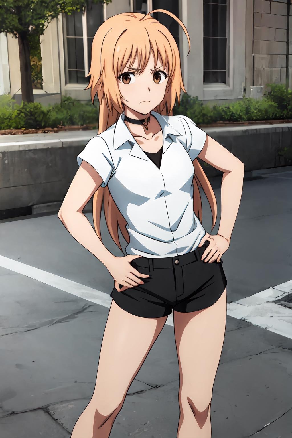 (masterpiece, best quality:1.2), highres, anime screencap, anime coloring, 1girl, solo, frown, Maria_Osawa_V1, blonde hair, long hair, ahoge, bangs, brown eyes, choker, white shirt, collared shirt, collarbone, black underwear, black shorts, short shorts, standing and spread legs, hand on hip, outdoors, looking at viewer, <lora:add_detail_CyberAlchemist:0.4>, <lora:GoodHands-beta2:0.8>, <lora:MariaOsawaV1-000008:0.9>