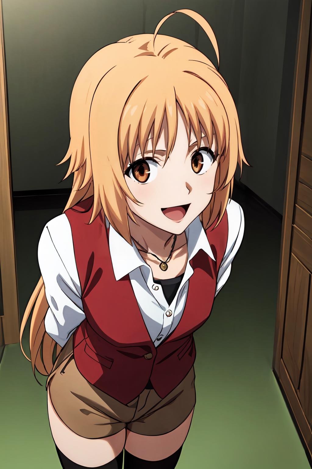 (masterpiece, best quality:1.2), highres, anime screencap, anime coloring, 1girl, solo, light smile, head tilt, open mouth,Maria_Osawa_V1, blonde hair, very long hair, long hair, ahoge, bangs, brown eyes, necklace, aged up,BREAK white shirt, collared shirt, long sleeves, red vest, collarbone, brown shorts, plaid, short shorts, brown thighhighs, zettai ryouiki,standing, arms behind back, leaning forward,indoors, looking at viewer, from above,<lora:add_detail_CyberAlchemist:0.4>, <lora:GoodHands-beta2:0.8>, <lora:MariaOsawaV1-000008:0.9>