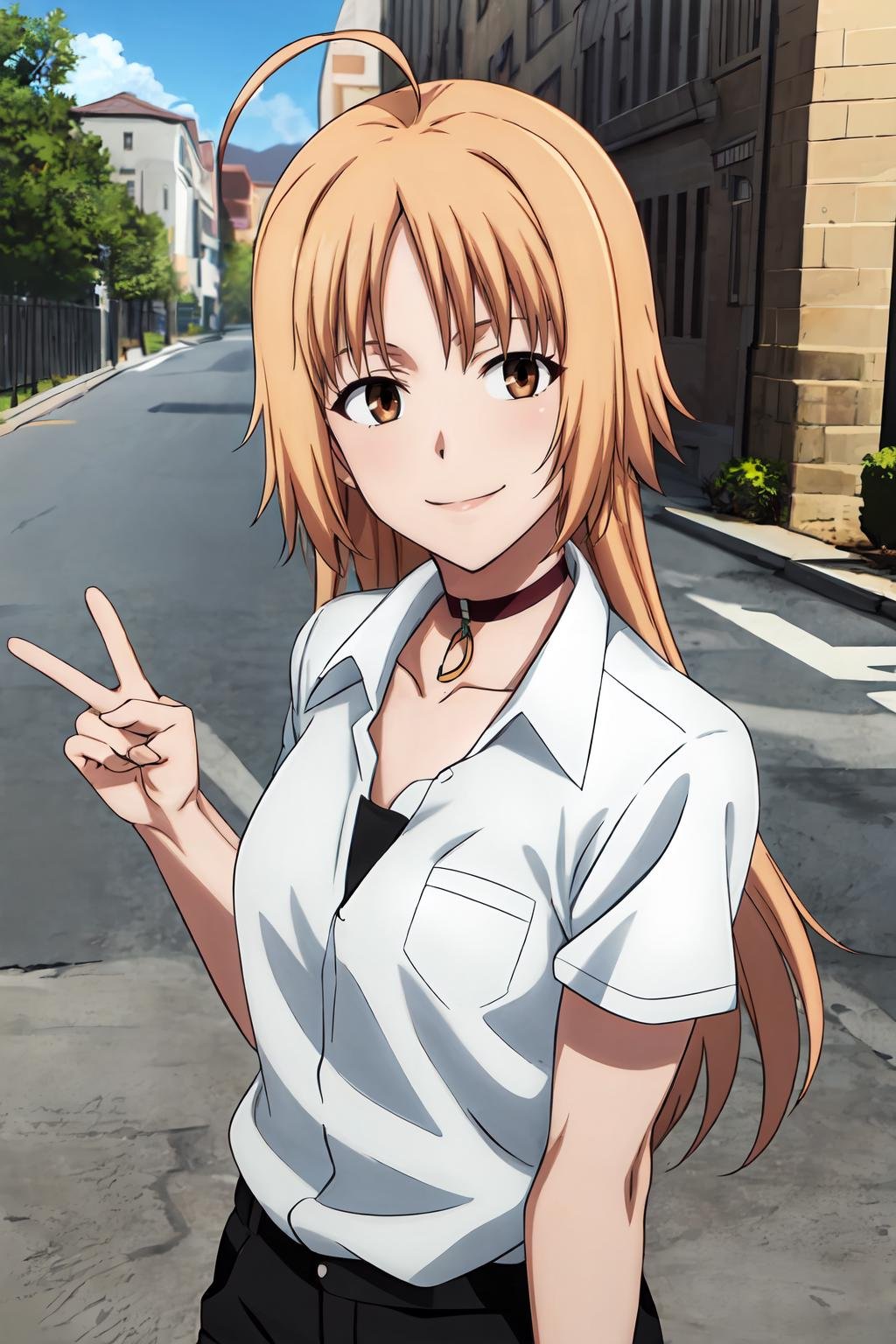 (masterpiece, best quality:1.2), highres, anime screencap, anime coloring, 1girl, solo, smile, Maria_Osawa_V1, blonde hair, long hair, ahoge, bangs, brown eyes, choker, white shirt, collared shirt, collarbone, black shorts, outdoors, looking at viewer, <lora:add_detail_CyberAlchemist:0.4>, <lora:GoodHands-beta2:0.8>, <lora:MariaOsawaV1-000008:0.9>