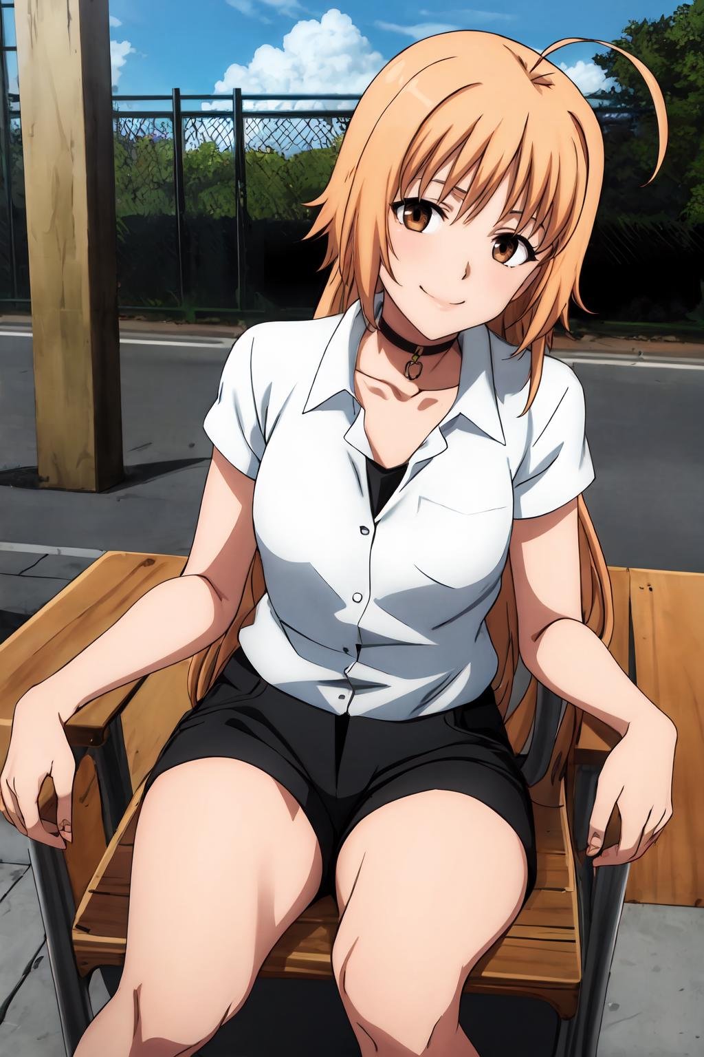 (masterpiece, best quality:1.2), highres, anime screencap, anime coloring, 1girl, solo, head tilt, seductive smile, Maria_Osawa_V1, blonde hair, long hair, ahoge, bangs, brown eyes, choker, white shirt, collared shirt, collarbone, black underwear, black shorts, short shorts, sitting on chair, outdoors, looking at viewer, <lora:add_detail_CyberAlchemist:0.4>, <lora:GoodHands-beta2:0.8>, <lora:MariaOsawaV1-000008:0.9>