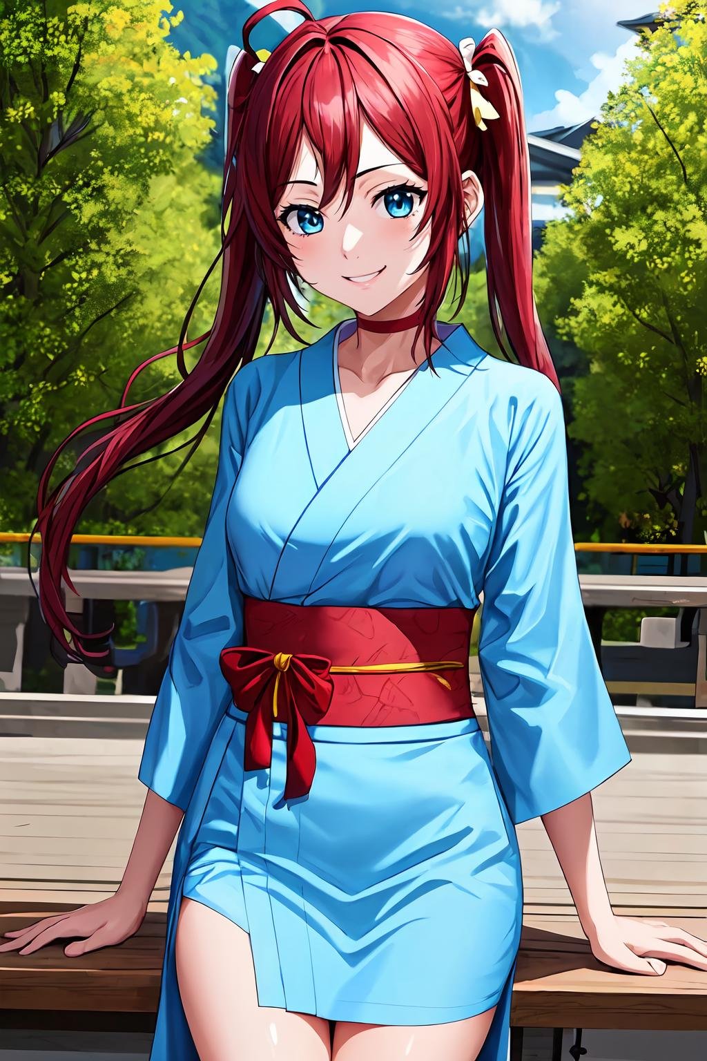 (masterpiece, best quality:1.2), highres, 1girl, solo, smile, Mao_Kimihoshi_V1, red hair, long hair, twintails, ahoge, blue eyes, hair ribbon, (one-piece tan:1.1), red choker,japanese clothes, blue kimono, sash, long sleeves, <lora:add_detail_CyberAlchemist:0.4>, <lora:GoodHands-beta2:0.8>, <lora:MaoKimihoshiV1-000010:0.85>