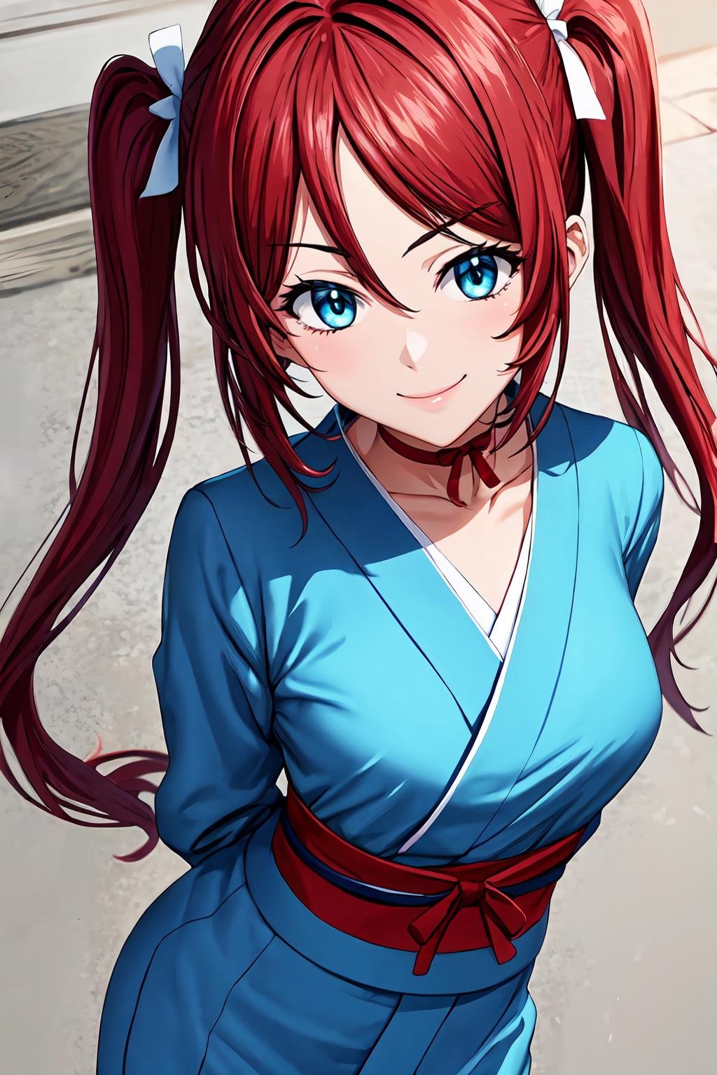 (masterpiece, best quality:1.2), highres, 1girl, solo, smile, Mao_Kimihoshi_V1, red hair, long hair, twintails, ahoge, blue eyes, hair ribbon, (one-piece tan:1.1), red choker,japanese clothes, blue kimono, sash, long sleeves, collarbone, standing, leaning forward, arms behind back, looking at viewer, from above, head tilt, <lora:add_detail_CyberAlchemist:0.4>, <lora:GoodHands-beta2:0.8>, <lora:MaoKimihoshiV1-000010:0.85>