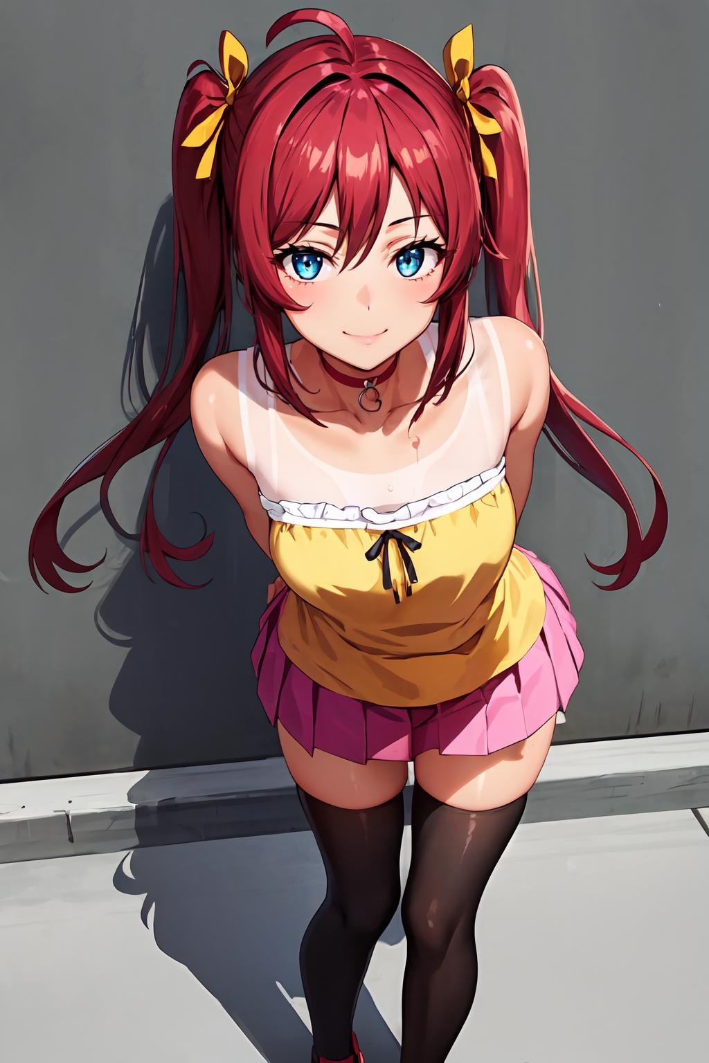 (masterpiece, best quality:1.2), highres, 1girl, solo, smile, ^ ^,Mao_Kimihoshi_V1, red hair, long hair, twintails, ahoge, blue eyes, hair ribbon, (one-piece tan:1.1), red choker,yellow camisole, frills, collarbone, bare shoulders, pink skirt, pleated skirt, black thighhighs, zettai ryouiki, red footwear, pumps,standing, arms behind back, leaning forward, looking at viewer, from above, <lora:add_detail_CyberAlchemist:0.4>, <lora:GoodHands-beta2:0.8>, <lora:MaoKimihoshiV1-000010:0.85>