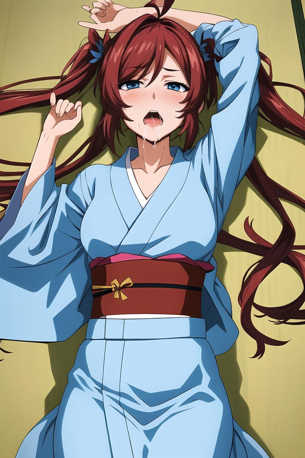 (masterpiece, best quality:1.2), highres, anime screencap, anime coloring, 1girl, solo, blush, open mouth, saliva, Mao_Kimihoshi_V1, red hair, long hair, twintails, ahoge, blue eyes, hair ribbon, japanese clothes, blue kimono, sash, long sleeves, collarbone, lying on tatami, on back, arms up, indoors, japanese room, tatami, <lora:add_detail_CyberAlchemist:0.4>, <lora:GoodHands-beta2:0.8>, <lora:MaoKimihoshiV1-000010:0.85>