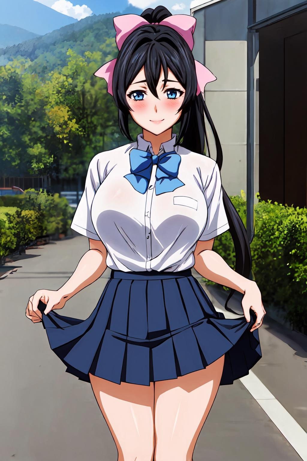 (masterpiece, best quality:1.2), highres, anime screencap, anime coloring, 1girl, solo, blush, seductive smile, Chitose_Yukino_V1, black hair, long hair, hair between eyes, high ponytail, hair bow, pink hair bow, blue eyes, large breasts, school uniform, white shirt, short sleeves, blue bowtie, blue skirt, pleated skirt, standing, skirt hold, thighs, outdoors, facing viewer, looking at viewer, <lora:add_detail_CyberAlchemist:0.4>, <lora:GoodHands-beta2:0.8>, <lora:ChitoseYukinoV1_2-000010:0.85>