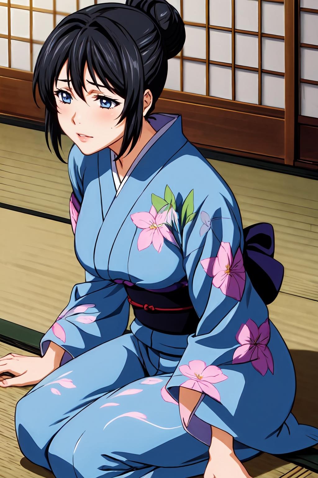 (masterpiece, best quality:1.2), highres, anime screencap, anime coloring, 1girl, solo, Chitose_Yukino_V1, black hair, short hair, bangs, hair bun, single hair bun, blue eyes, large breasts, lips, japanese clothes, blue kimono, yukata, floral print, sash, obi, long sleeves, wide sleeves, sitting, seiza, leaning forward, indoors, japanese room, tatami, <lora:add_detail_CyberAlchemist:0.4>, <lora:GoodHands-beta2:0.8>, <lora:ChitoseYukinoV1_2-000010:0.85>