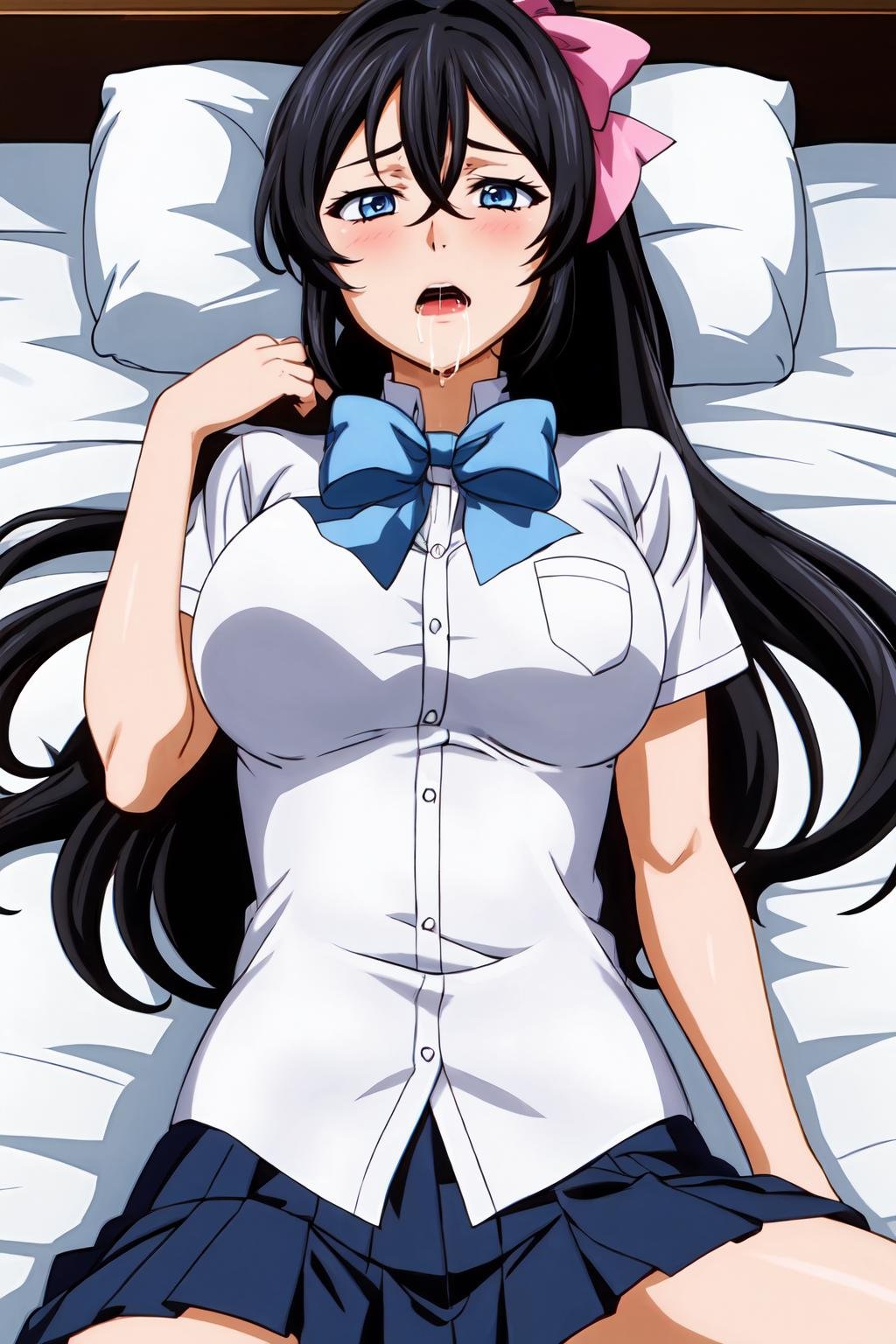 (masterpiece, best quality:1.2), highres, anime screencap, anime coloring, 1girl, solo, open mouth, saliva, drooling, orgasm, Chitose_Yukino_V1, black hair, long hair, hair between eyes, blue eyes, high ponytail, hair bow, pink hair bow, large breasts, school uniform, white shirt, short sleeves, blue bowtie, blue skirt, pleated skirt,lying, on back, indoors, <lora:add_detail_CyberAlchemist:0.4>, <lora:GoodHands-beta2:0.8>, <lora:ChitoseYukinoV1_2-000010:0.85>