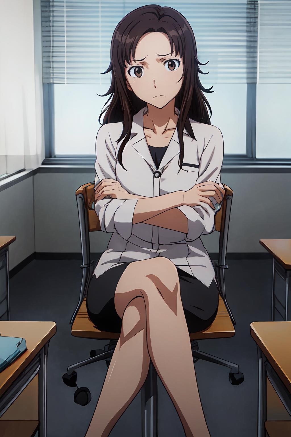 (masterpiece, best quality:1.2), highres, anime screencap, anime coloring, 1girl, solo, frown, Tomoko_Kawada_V1, mature female, brown hair, long hair, brown eyes, teacher, white shirt, sleeves rolled up, collarbone, black skirt, pencil skirt, see-through legwear, pumps, sitting on chair, crossed legs, crossed arms, indoors, classroom, office chair, looking at viewer, facing viewer, <lora:add_detail_CyberAlchemist:0.4>, <lora:GoodHands-beta2:0.8>, <lora:TomokoKawadaV1-000009:0.8>