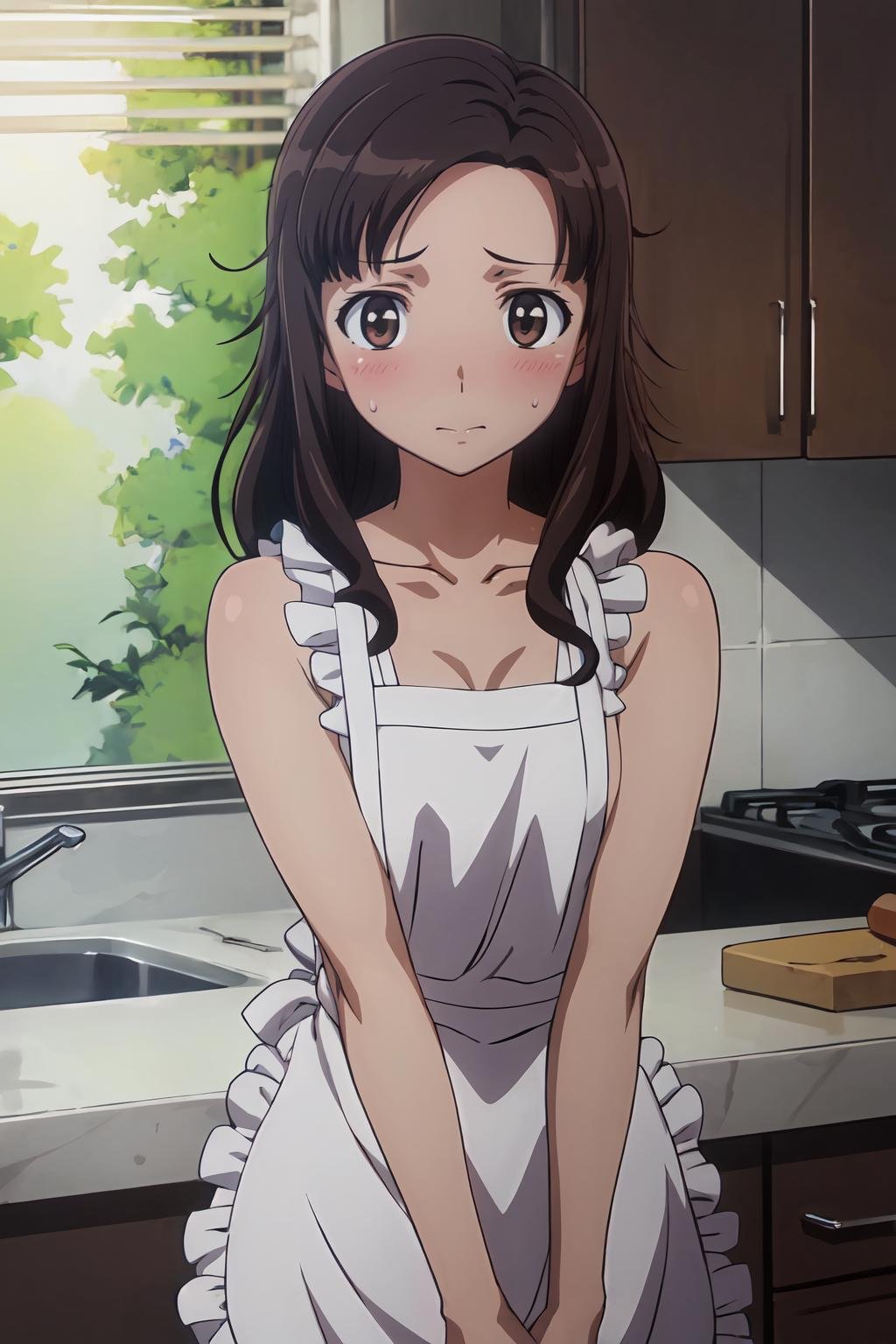 (masterpiece, best quality:1.2), highres, anime screencap, anime coloring, 1girl, solo, blush, sweat,Tomoko_Kawada_V1, mature female, brown hair, long hair, brown eyes, naked apron, white apron, bare shoulders, collarbone, frills, indoors, kitchen, looking at viewer, facing viewer, <lora:add_detail_CyberAlchemist:0.4>, <lora:GoodHands-beta2:0.8>, <lora:TomokoKawadaV1-000009:0.8>