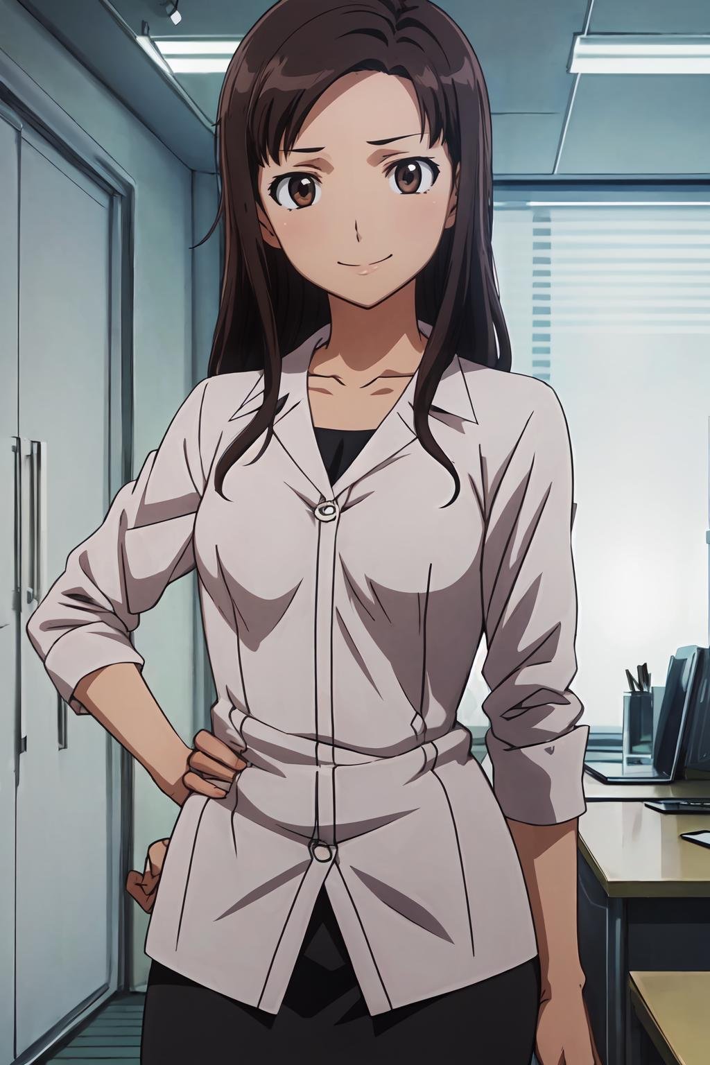 (masterpiece, best quality:1.2), highres, anime screencap, anime coloring, 1girl, solo, seductive smile, Tomoko_Kawada_V1, mature female, brown hair, long hair, brown eyes, white shirt, sleeves rolled up, collarbone, black skirt, pencil skirt, indoors, office, looking at viewer, <lora:add_detail_CyberAlchemist:0.4>, <lora:GoodHands-beta2:0.8>, <lora:TomokoKawadaV1-000009:0.8>