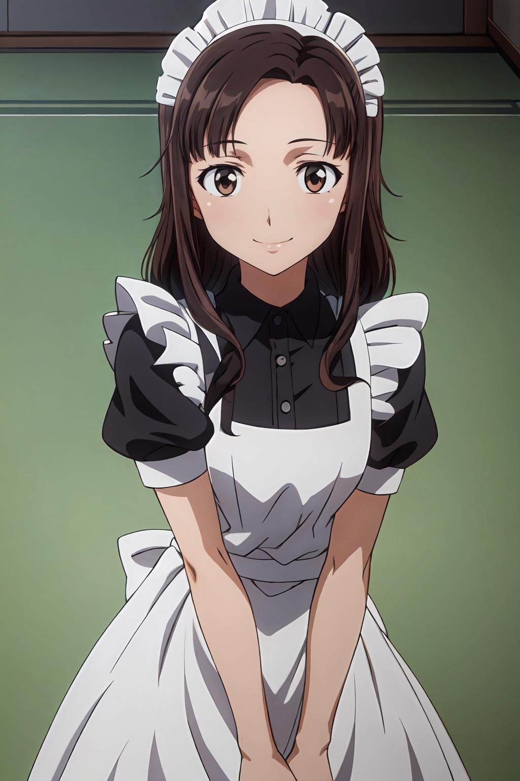 (masterpiece, best quality:1.2), highres, anime screencap, anime coloring, 1girl, solo, smile, Tomoko_Kawada_V1, mature female, brown hair, long hair, brown eyes, maid headdress, maid, black dress, white apron, maid apron, puffy sleeves, short sleeves, frills, looking at viewer, facing viewer, <lora:add_detail_CyberAlchemist:0.4>, <lora:GoodHands-beta2:0.8>, <lora:TomokoKawadaV1-000009:0.8>