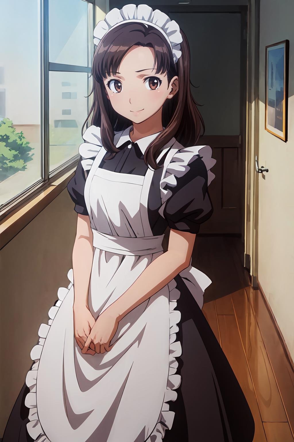 (masterpiece, best quality:1.2), highres, anime screencap, anime coloring, 1girl, solo, seductive smile, Tomoko_Kawada_V1, mature female, brown hair, long hair, brown eyes, maid headdress, maid, black dress, white apron, maid apron, puffy sleeves, short sleeves, frills, indoors, school, hallway, window, day, sunlight, sky, looking at viewer, <lora:add_detail_CyberAlchemist:0.4>, <lora:GoodHands-beta2:0.8>, <lora:TomokoKawadaV1-000009:0.8>