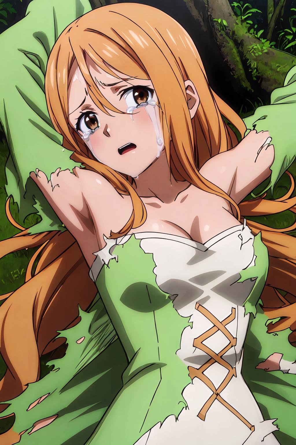 (masterpiece, best quality:1.2), highres, anime screencap, anime coloring, 1girl, solo, tears, scared, LaurenL, blond hair, long hair, parted bangs, brown eyes, green dress, torn dress, torn clothes, bare shoulders, collarbone, white corset, lying on ground, on back, arms up, armpits, outdoors, forest, tree, day, looking at viewer, portrait, close-up face, <lora:add_detail_CyberAlchemist:0.4>, <lora:GoodHands-beta2:0.8>, <lora:LaurenL-000008:0.9>