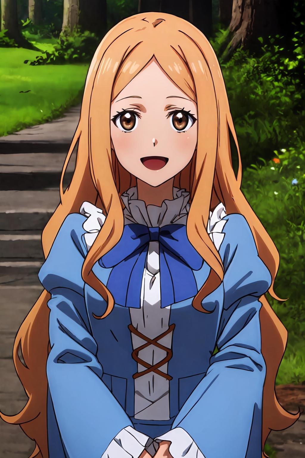 (masterpiece, best quality:1.2), highres, anime screencap, anime coloring, 1girl, solo, smile, open mouth, LaurenL, blond hair, long hair, parted bangs, brown eyes, blue dress, frilled dress, puffy sleeves, wide sleeves, long sleeves, blue bowtie, outdoors, forest, tree, day, looking at viewer, upper body, portrait, <lora:add_detail_CyberAlchemist:0.4>, <lora:GoodHands-beta2:0.8>, <lora:LaurenL-000008:0.9>