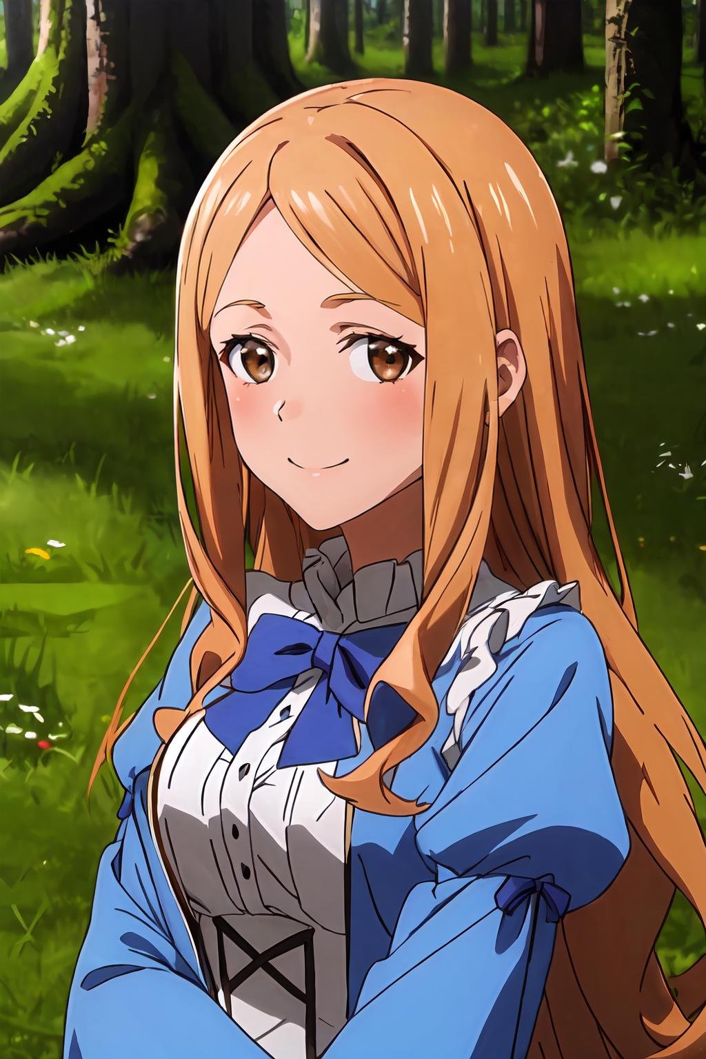 (masterpiece, best quality:1.2), highres, anime screencap, anime coloring, 1girl, solo, smile, LaurenL, blond hair, long hair, parted bangs, brown eyes, blue dress, frilled dress, puffy sleeves, wide sleeves, long sleeves, blue bowtiestanding, outdoors, forest, tree, sunlight, day, looking at viewer, upper body, portrait, <lora:add_detail_CyberAlchemist:0.4>, <lora:GoodHands-beta2:0.8>, <lora:LaurenL-000008:0.9>