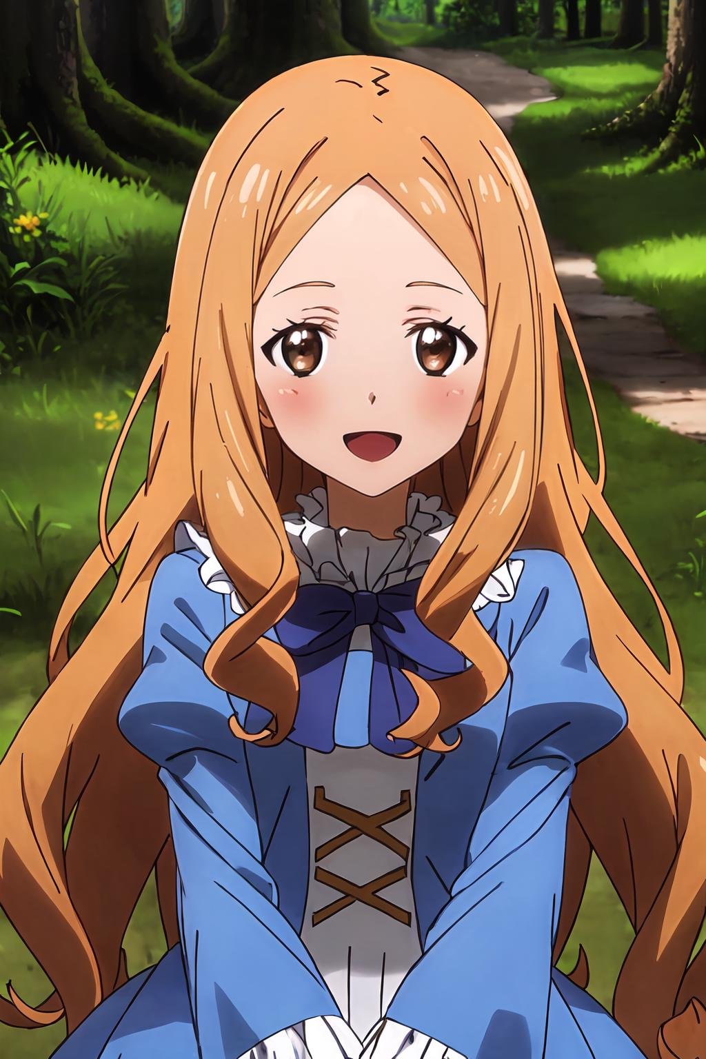 (masterpiece, best quality:1.2), highres, anime screencap, anime coloring, 1girl, solo, smile, open mouth, LaurenL, blond hair, long hair, parted bangs, brown eyes, blue dress, frilled dress, puffy sleeves, wide sleeves, long sleeves, blue bowtiestanding, outdoors, forest, tree, sunlight, day, looking at viewer, upper body, portrait, <lora:add_detail_CyberAlchemist:0.4>, <lora:GoodHands-beta2:0.8>, <lora:LaurenL-000008:0.9>