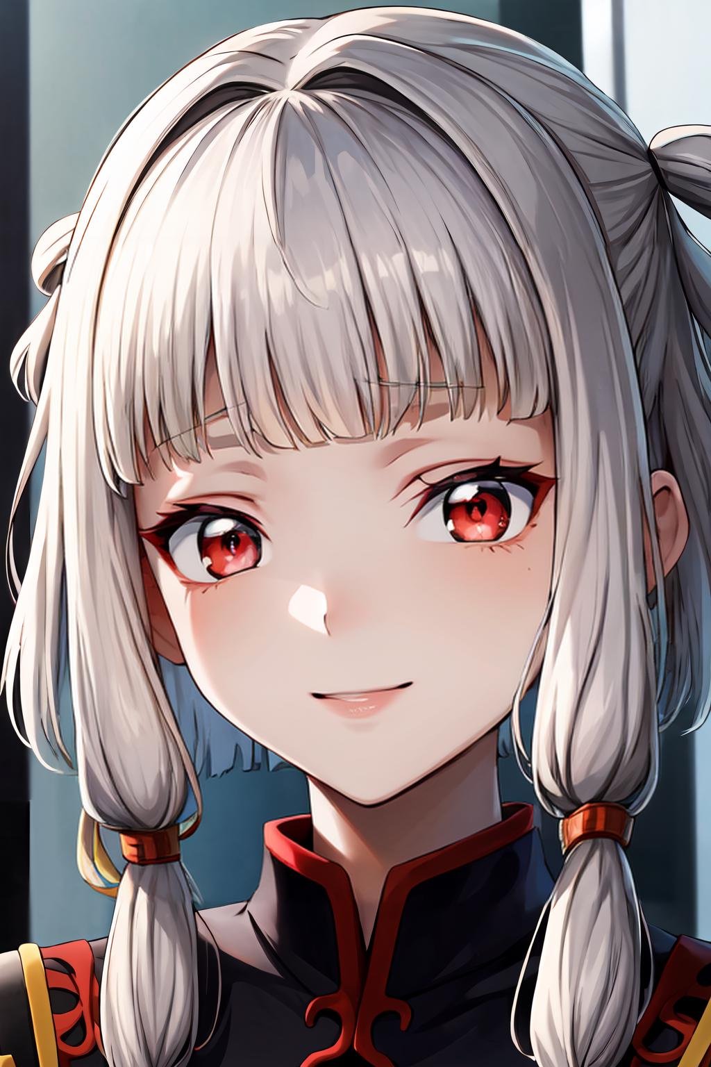 (masterpiece, best quality:1.2), highres, anime screencap, anime coloring, 1girl, solo, smile, Tianzi_V2, grey hair, long hair, quad tails, sidelocks, blunt bangs, hair tubes, hair rings, hair ornament, red eyes, looking at viewer, facing viewer, portrait, face focus, <lora:add_detail_CyberAlchemist:0.4>, <lora:GoodHands-beta2:0.8>, <lora:TianziV2_2-000009:0.8>