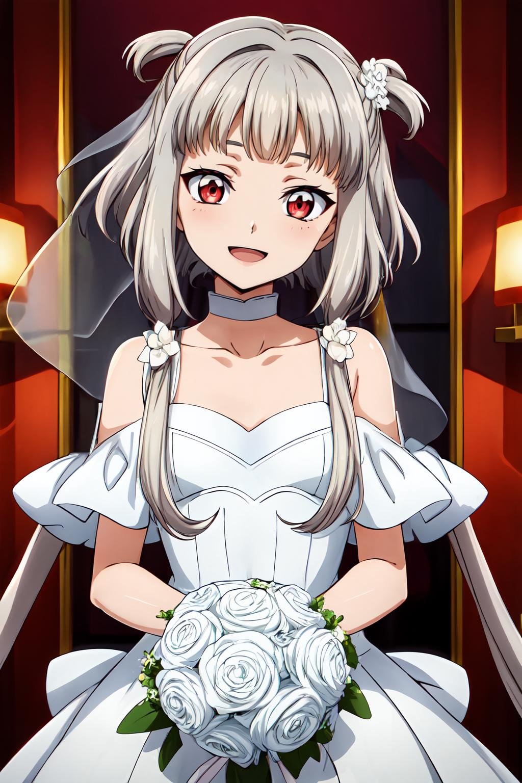 (masterpiece, best quality:1.2), highres, anime screencap, anime coloring, 1girl, solo, smile, happy, smile, open mouth, head tilt,Tianzi_V2, grey hair, long hair, quad tails, sidelocks, blunt bangs, hair tubes, hair rings, hair flower, red eyes, white choker,bride, bridal veil, white dress, wedding dress, collarbone, holding bouquet,indoors, looking at viewer, facing viewer, <lora:add_detail_CyberAlchemist:0.4>, <lora:GoodHands-beta2:0.8>, <lora:TianziV2_2-000009:0.8>