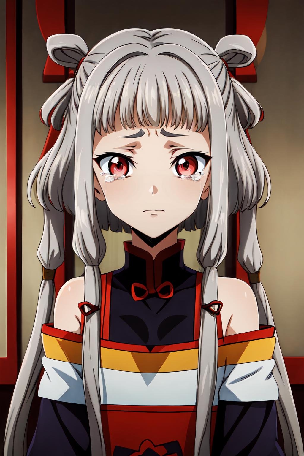 (masterpiece, best quality:1.2), highres, anime screencap, anime coloring, 1girl, solo, tears, sad,Tianzi_V2, grey hair, long hair, sidelocks, blunt bangs, hair tubes, quad tails, hair rings, hair ornament, red eyes,chinese clothes, dress, bare shoulders, detached collar, detached sleeves, long sleeves, puffy sleeves,indoors, looking at viewer, facing viewer, upper body, portrait,<lora:add_detail_CyberAlchemist:0.4>, <lora:GoodHands-beta2:0.8>, <lora:TianziV2_2-000009:0.8>