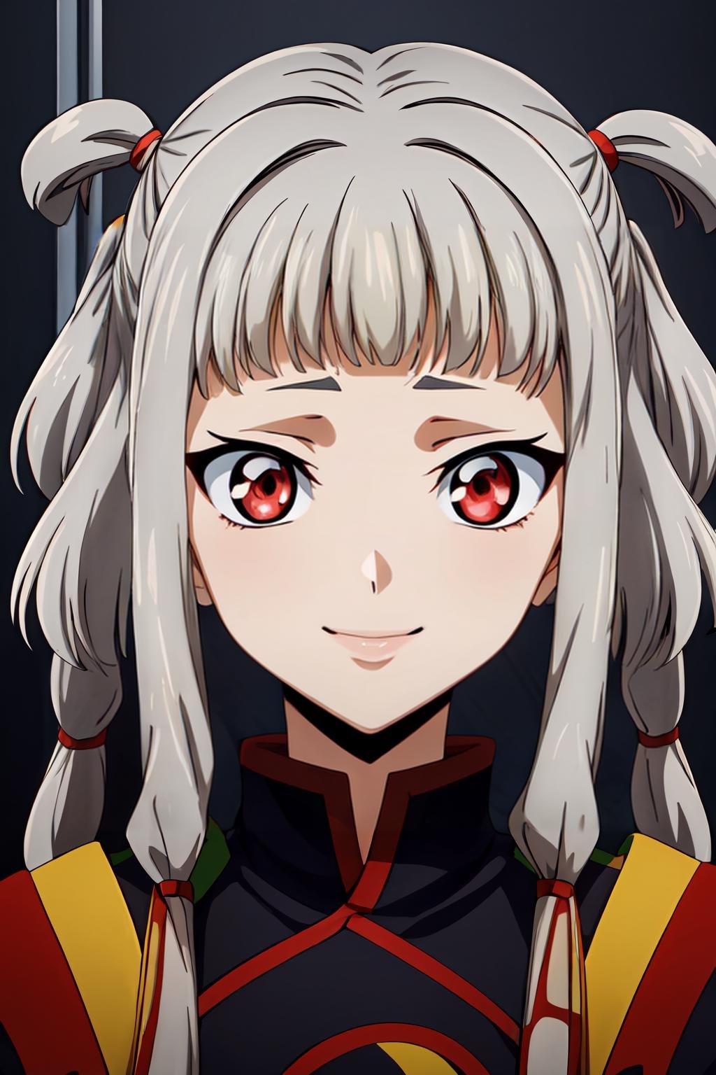 (masterpiece, best quality:1.2), highres, anime screencap, anime coloring, 1girl, solo, smile, Tianzi_V2, grey hair, long hair, quad tails, sidelocks, blunt bangs, hair tubes, hair rings, hair ornament, red eyes, looking at viewer, facing viewer, portrait, face focus, <lora:add_detail_CyberAlchemist:0.4>, <lora:GoodHands-beta2:0.8>, <lora:TianziV2_2-000009:0.8>