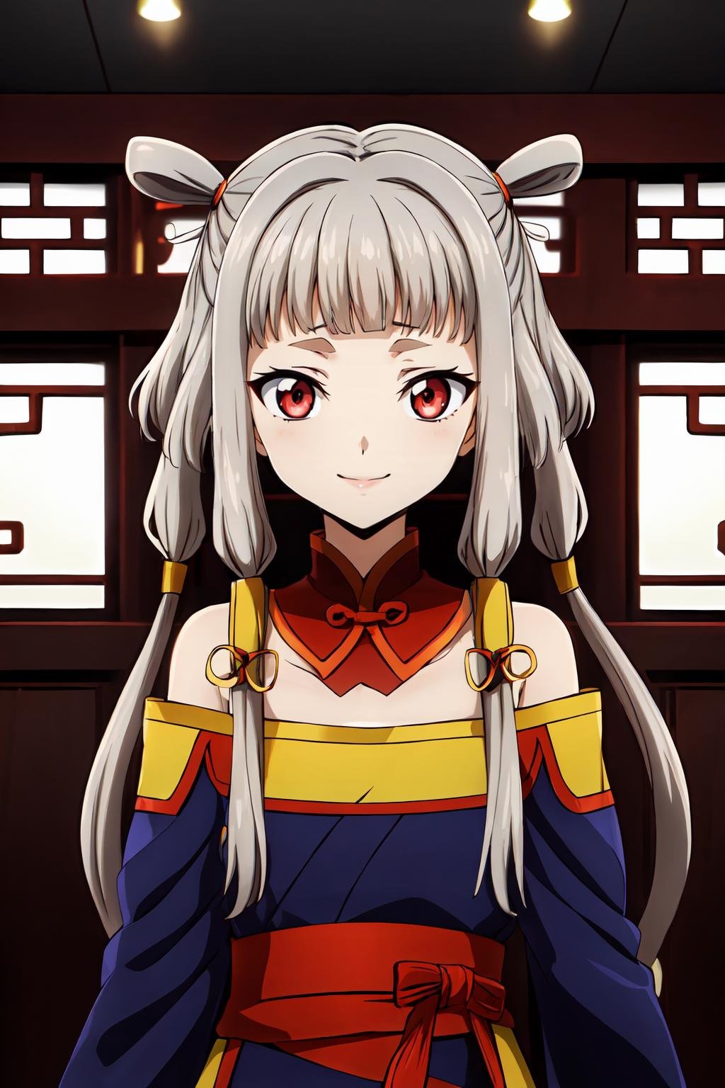 (masterpiece, best quality:1.2), highres, anime screencap, anime coloring, 1girl, solo, smile, Tianzi_V2, grey hair, long hair, sidelocks, blunt bangs, hair tubes, quad tails, hair rings, hair ornament, red eyes,chinese clothes, hanfu, blue dress, bare shoulders, detached collar, detached sleeves, long sleeves, puffy sleeves,indoors, looking at viewer, facing viewer, <lora:add_detail_CyberAlchemist:0.4>, <lora:GoodHands-beta2:0.8>, <lora:TianziV2_2-000009:0.8>