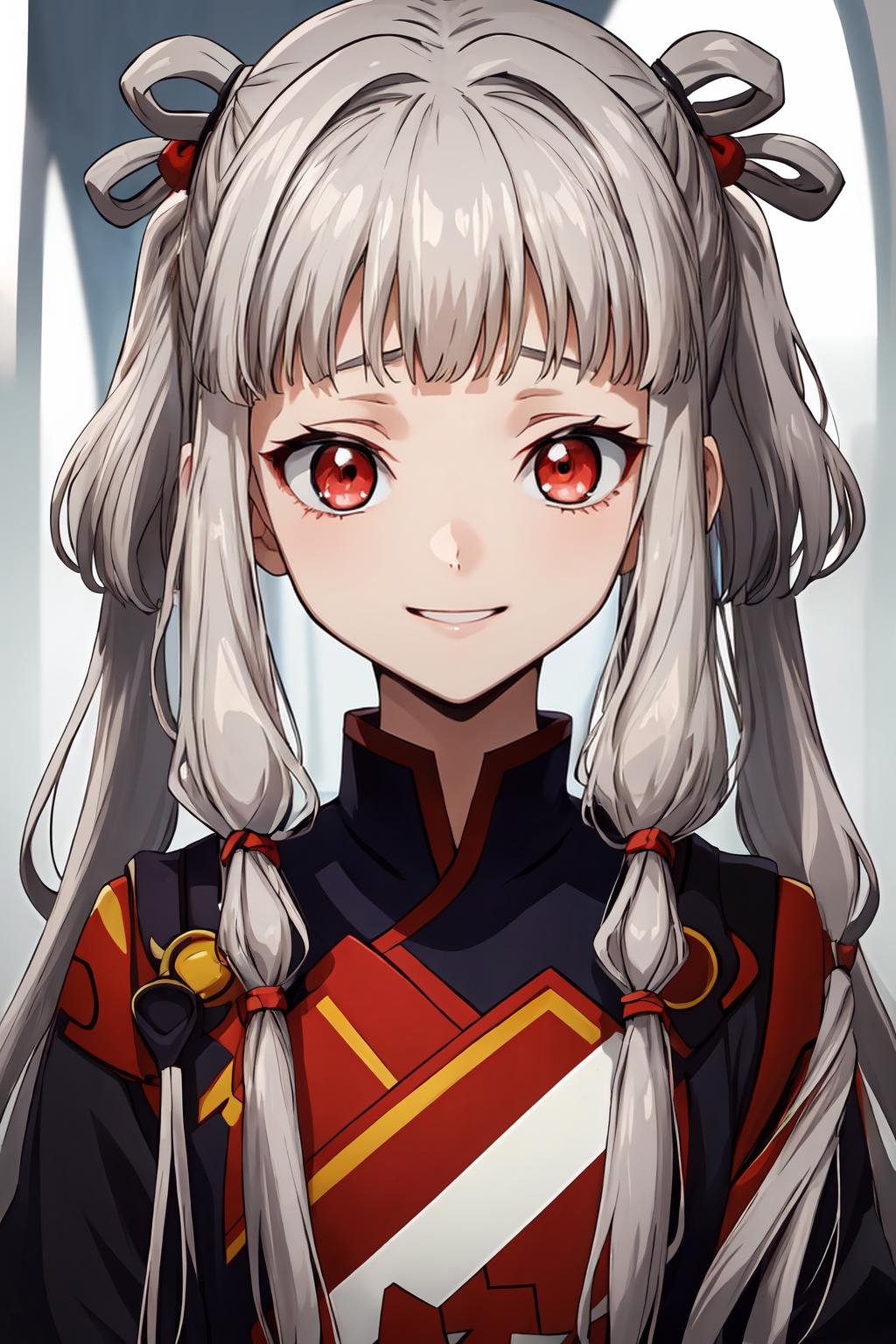 (masterpiece, best quality:1.2), highres, anime screencap, anime coloring, 1girl, solo, smile, Tianzi_V2, grey hair, long hair, quad tails, sidelocks, blunt bangs, hair tubes, hair rings, hair ornament, red eyes, looking at viewer, facing viewer, portrait, face focus, <lora:add_detail_CyberAlchemist:0.4>, <lora:GoodHands-beta2:0.8>, <lora:TianziV2_2-000009:0.8>