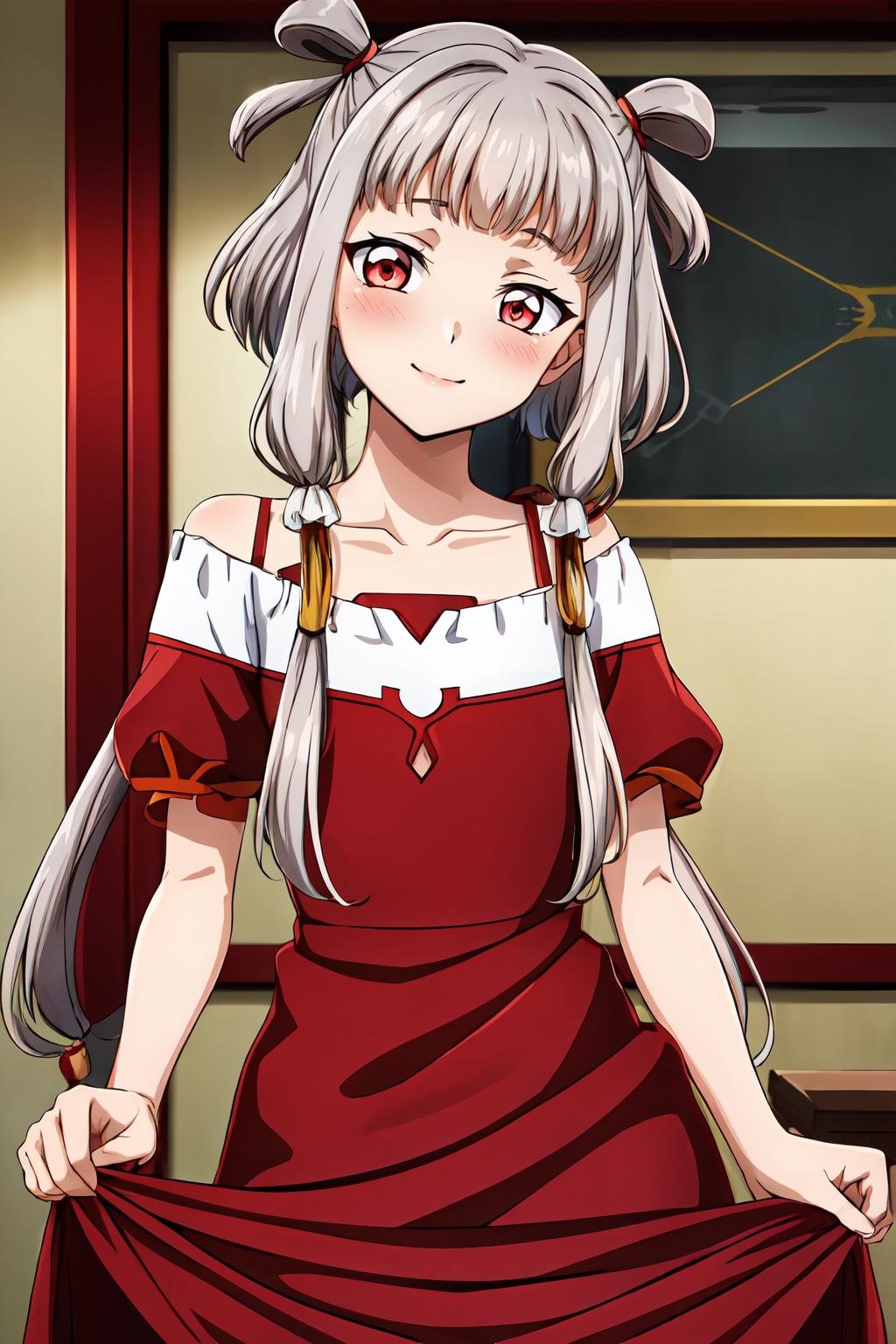 (masterpiece, best quality:1.2), highres, anime screencap, anime coloring, 1girl, solo, head tilt, smile, blush, Tianzi_V2, grey hair, long hair, quad tails, sidelocks, blunt bangs, hair tubes, hair rings, hair ornament, red eyes, pink dress, frilled dress, short sleeves, collarbone, puffy sleeves, standing, dress hold, indoors, looking at viewer, facing viewer, <lora:add_detail_CyberAlchemist:0.4>, <lora:GoodHands-beta2:0.8>, <lora:TianziV2_2-000009:0.8>