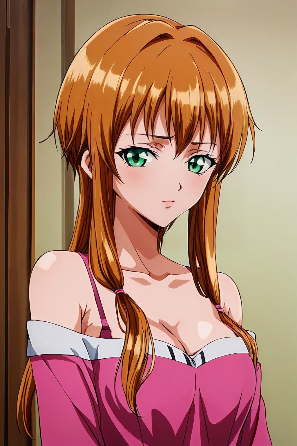 (masterpiece, best quality:1.2), highres, anime screencap, anime coloring, 1girl, solo, RHmisaki_V1, brown hair, sidelocks, bangs, green eyes, pink dress, long sleeves, bare shoulders, off shoulder, collarbone, cleavage, looking at viewer, facing viewer, upper body,  <lora:add_detail_CyberAlchemist:0.4>, <lora:GoodHands-beta2:0.8>, <lora:RHmisakiV1_2-000008:0.9>