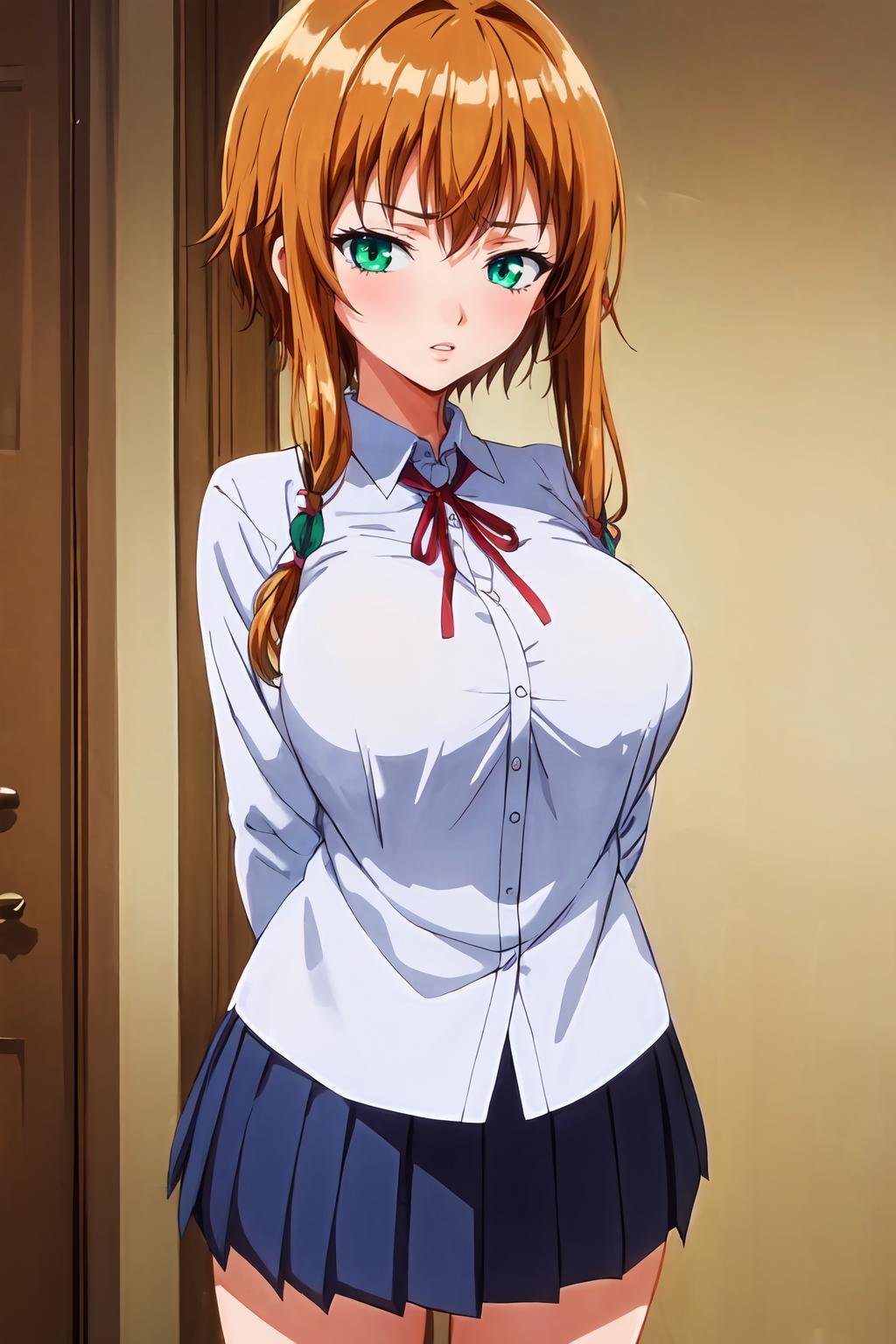 (masterpiece, best quality:1.2), highres, anime screencap, anime coloring, 1girl, solo, parted lips, RHmisaki_V1, brown hair, sidelocks, bangs, green eyes, large breasts, school uniform, white shirt, collared shirt, long sleeves, red neck ribbon, blue skirt, pleated skirt, standing, arms behind back, looking at viewer, facing viewer, cowboy shot, <lora:add_detail_CyberAlchemist:0.4>, <lora:GoodHands-beta2:0.8>, <lora:RHmisakiV1_2-000008:0.9>