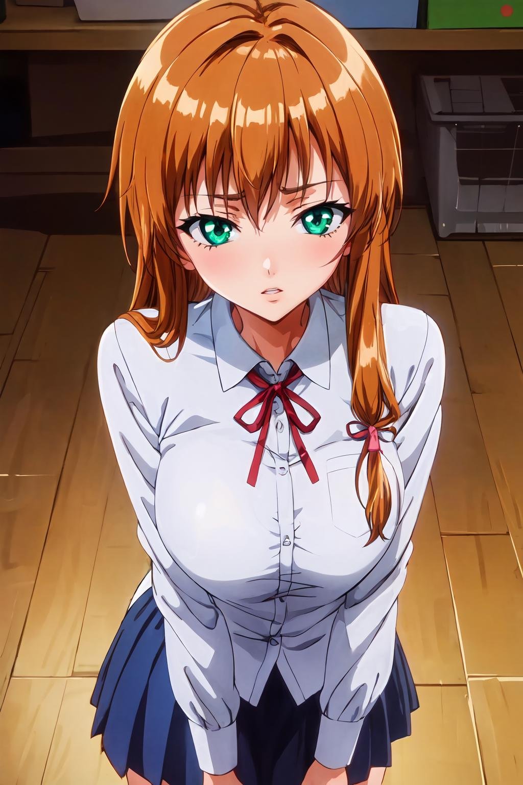 (masterpiece, best quality:1.2), highres, anime screencap, anime coloring, 1girl, solo, parted lips, RHmisaki_V1, brown hair, sidelocks, bangs, green eyes, large breasts, school uniform, white shirt, collared shirt, long sleeves, red neck ribbon, blue skirt, pleated skirt, looking at viewer, facing viewer, cowboy shot, <lora:add_detail_CyberAlchemist:0.4>, <lora:GoodHands-beta2:0.8>, <lora:RHmisakiV1_2-000008:0.9>