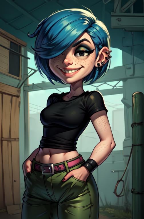 MarieK,short blue hair,ear piercing,hair over one eye,freckles,black eyes,makeup,standing,hand in pockets,smiling, green pants,black shirt,black wristbands,midriff,belt, picket fence,morning,(insanely detailed, beautiful detailed face, masterpiece, best quality)  <lora:Mariekanker-10v7:0.8>