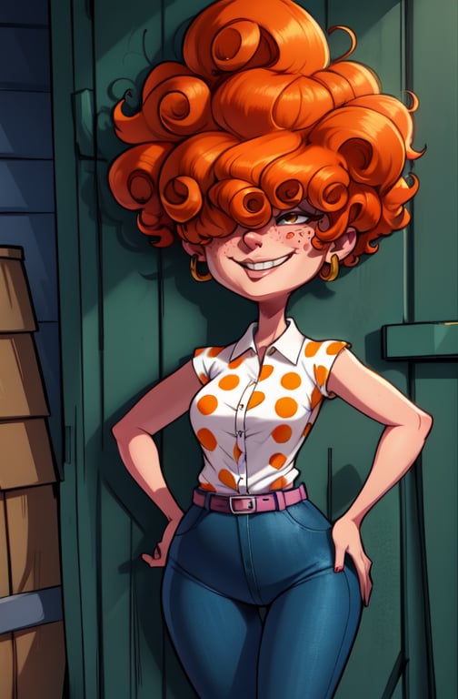 LeeK, curly orange hair, freckles, hair over both eyes standing, cowboy shot, hands on hips, smug expression, solo, covered eyes, denim pants, white shoes, earrings, polka dot shirt, belt , white shirt, picket fence,morning toon \(style\),(insanely detailed, beautiful detailed face, masterpiece, best quality)  <lora:LeeKanker-10v7:0.8>
