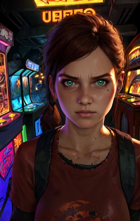 elliet2, green eyes,  brown hair, low ponytail, red shirt, dirty clothes,   long sleeves, upper body, standing,  serious,  arcade room, neon lights, night,  looking at viewer, (insanely detailed, beautiful detailed face,beautiful detailed eyes, masterpiece, best quality), solo,  <lora:EllieT2:0.8>