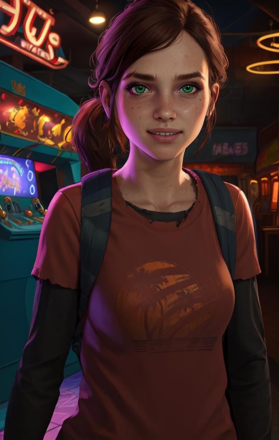 elliet2, green eyes,  brown hair, low ponytail, red shirt, dirty clothes,   long sleeves, upper body, standing,   smile, arcade room, neon lights, night,  looking at viewer, (insanely detailed, beautiful detailed face,beautiful detailed eyes, masterpiece, best quality), solo,  <lora:EllieT2:0.8>