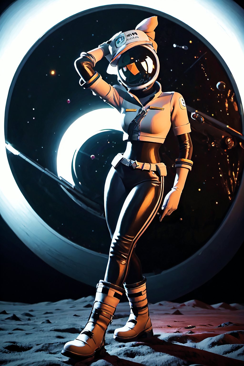 masterpiece, best quality, highly quality, TessaMD, 1girl, solo, bow on head, black bow, bow tie, white cap, space helmet, white cropped jacket, white gloves, (black bodysuit, black pants), white belt, white boots, standing, hand on hips, walking on the moon, outer_space, stars, earth on the background, full body, cinematic lighting