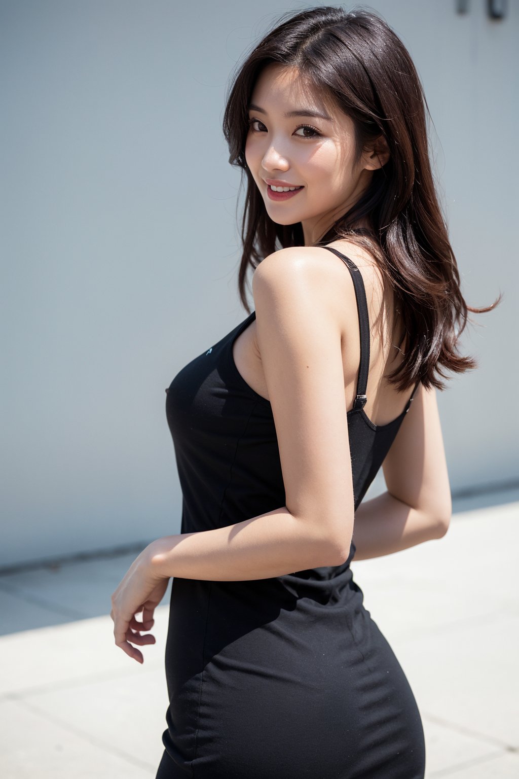 Best quality, raw photo, photorealism, lifelike rendering, (upper body portrait:1.2), photo of beautiful korean woman, mid-twenty, kpop idol, medium dark brown hair, double eyelids, glossy plump lips, dark brown eyes, natural medium-large breasts, high hips, pale skin, daily outfit, chiffon dress, sharp focus, look back, seductive face, sexy eyes, seducing smile, look at viewer, from behind below, thighs focus, detailed eyes and facial, detailed real skin texture, detailed fabric rendering, natural soft daylight, ray tracing 